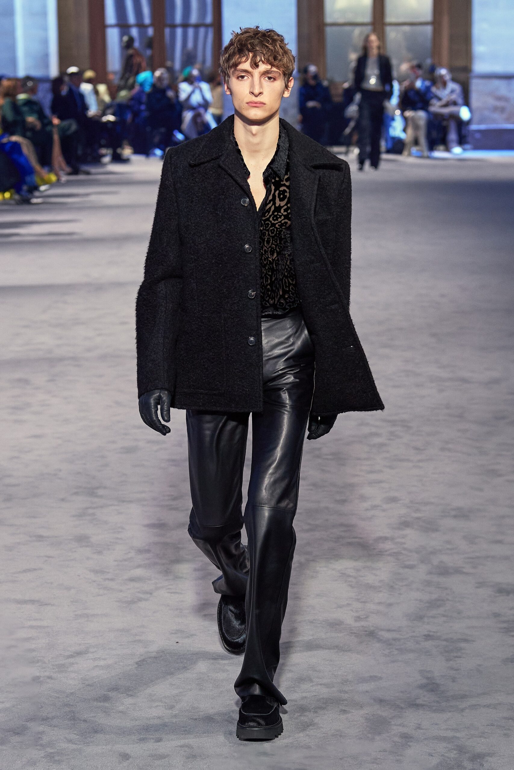 black wool jacket with leather pants