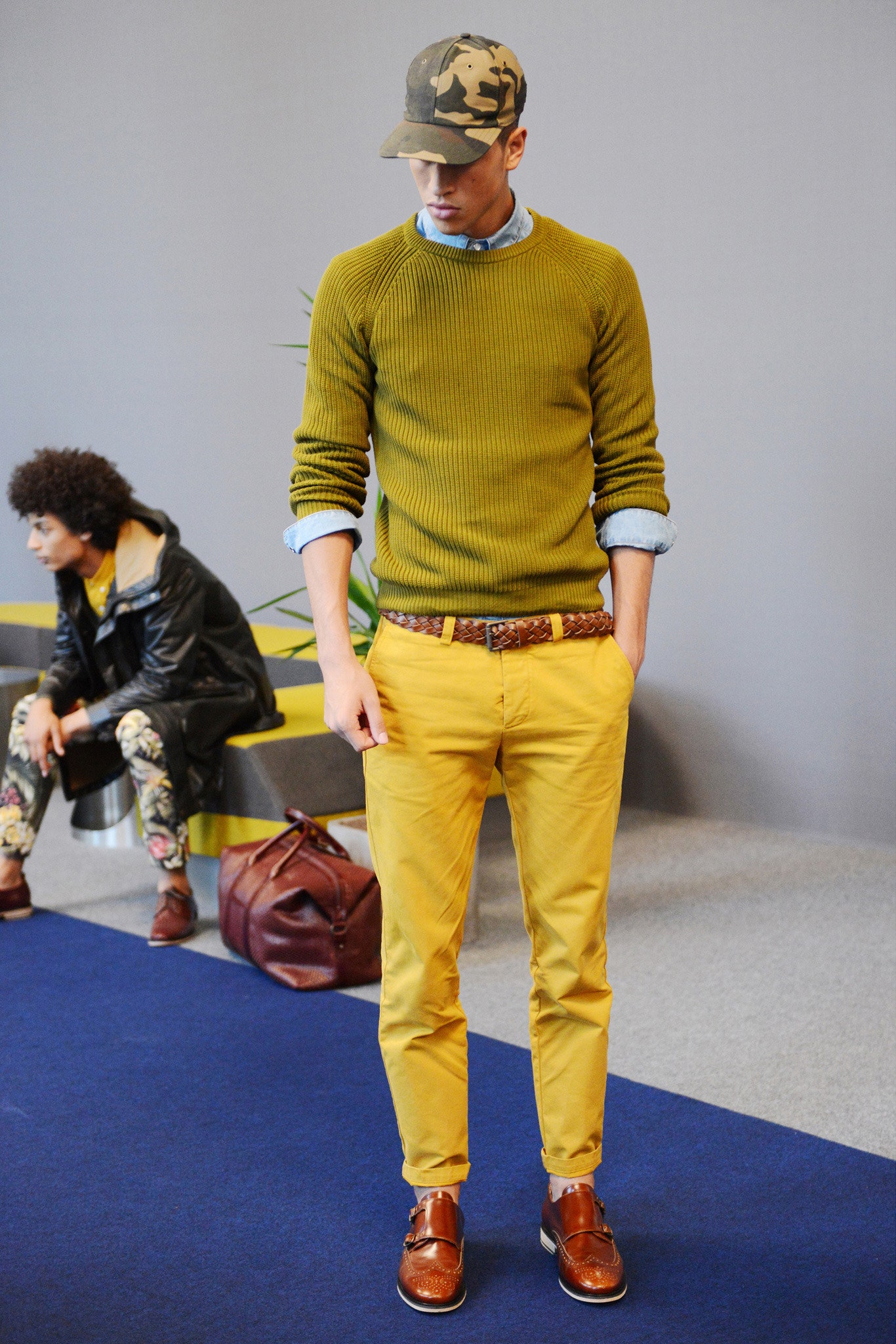 green fitted sweater with yellow pants