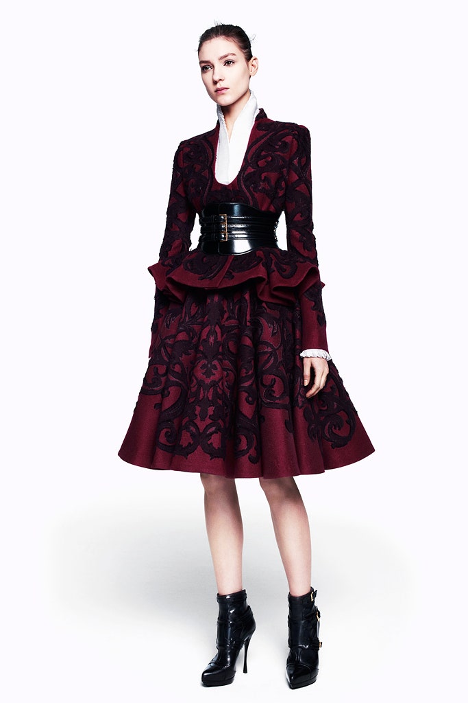 red wool long-sleeve v-neck fitted pleated embellished dress
