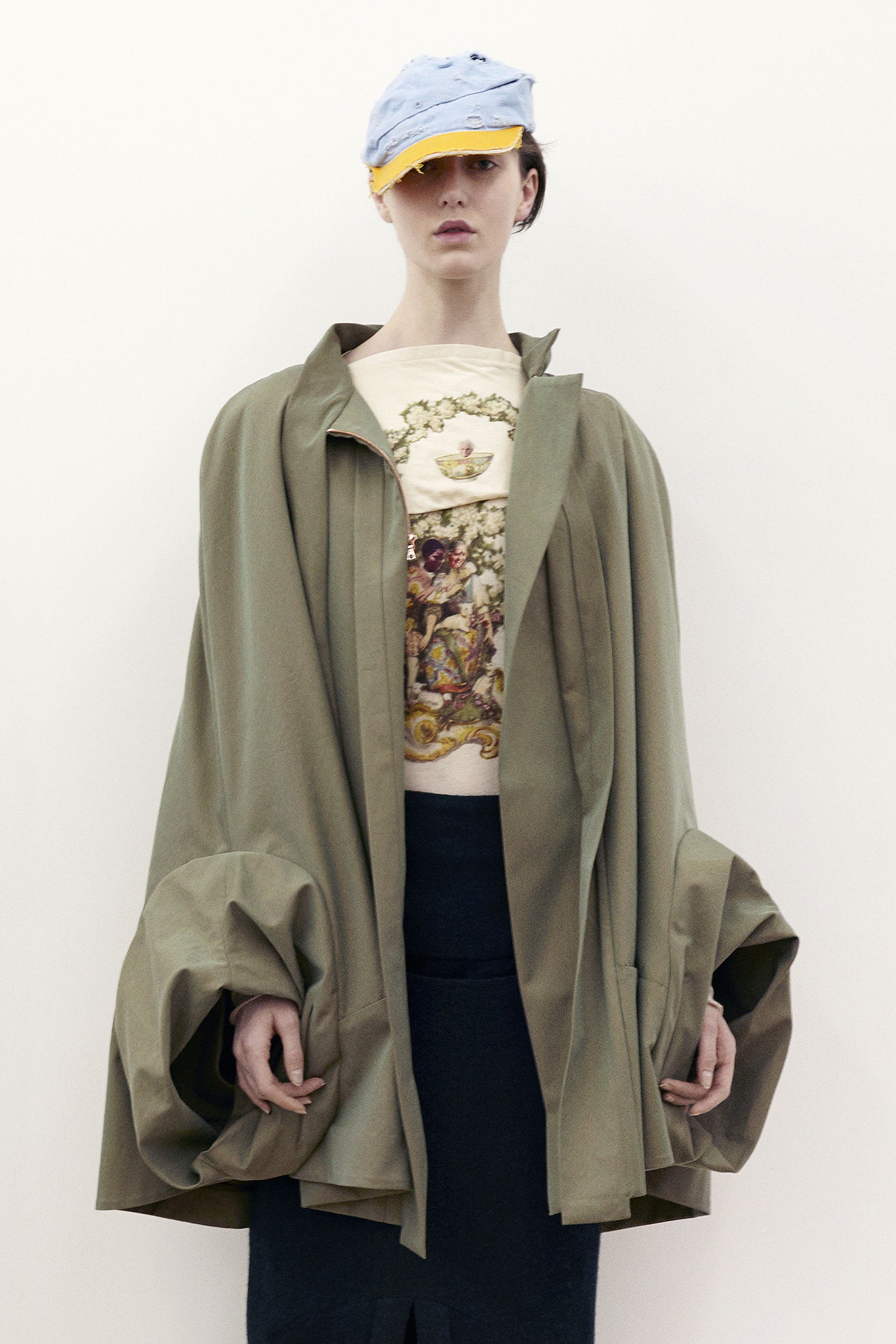 oversized green coat with printed top