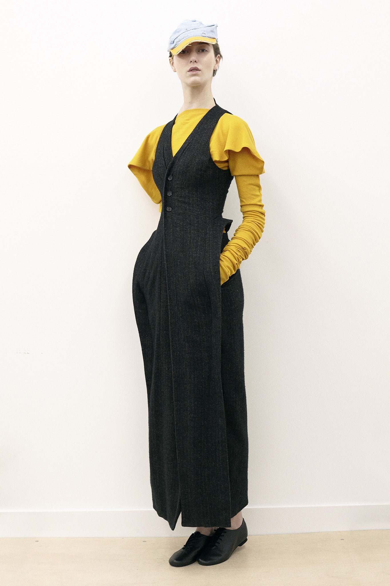 black wool maxi dress with yellow top
