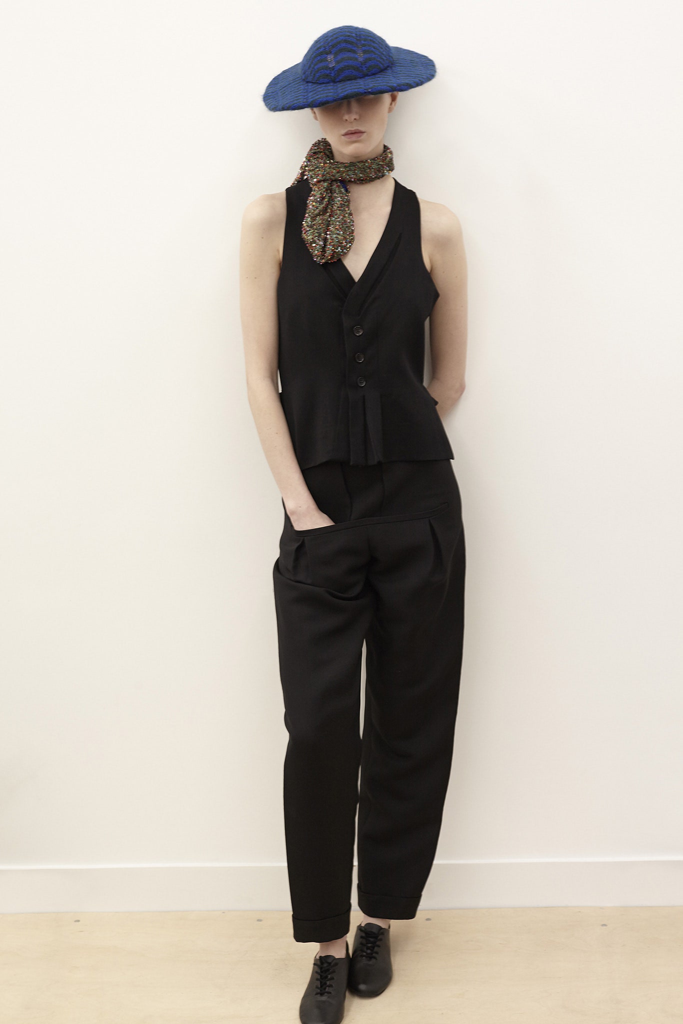 black fitted top with relaxed pants