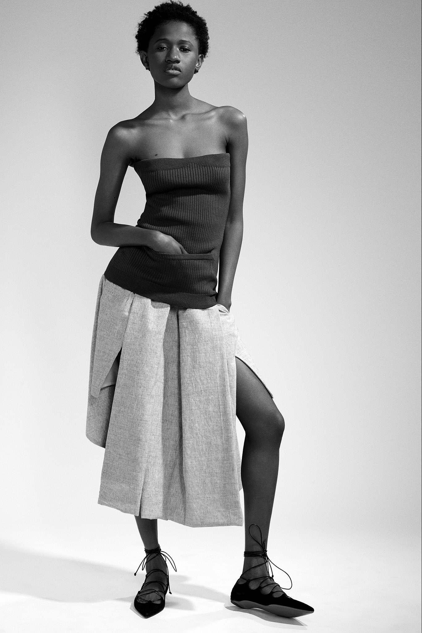 gray linen asymmetric slit relaxed pleated midi skirt