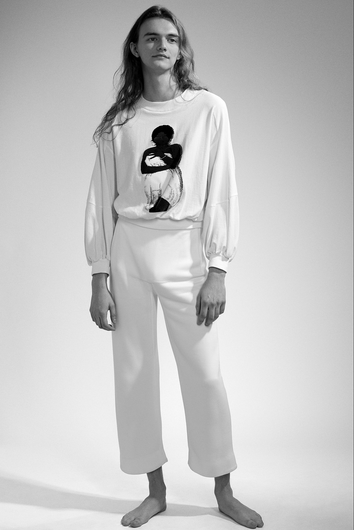 white cotton long-sleeve collared relaxed printed top