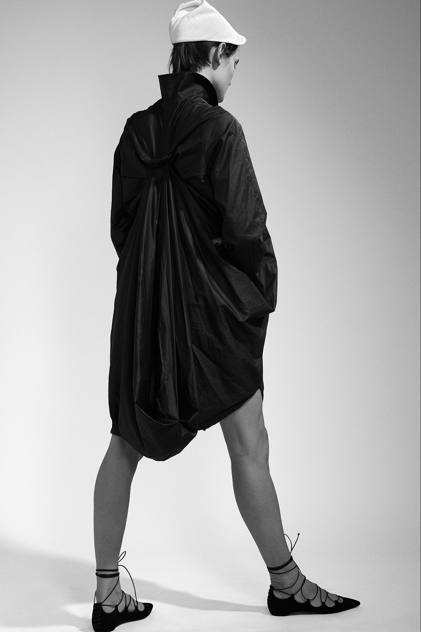 black cotton long-sleeve collared relaxed draped short dress
