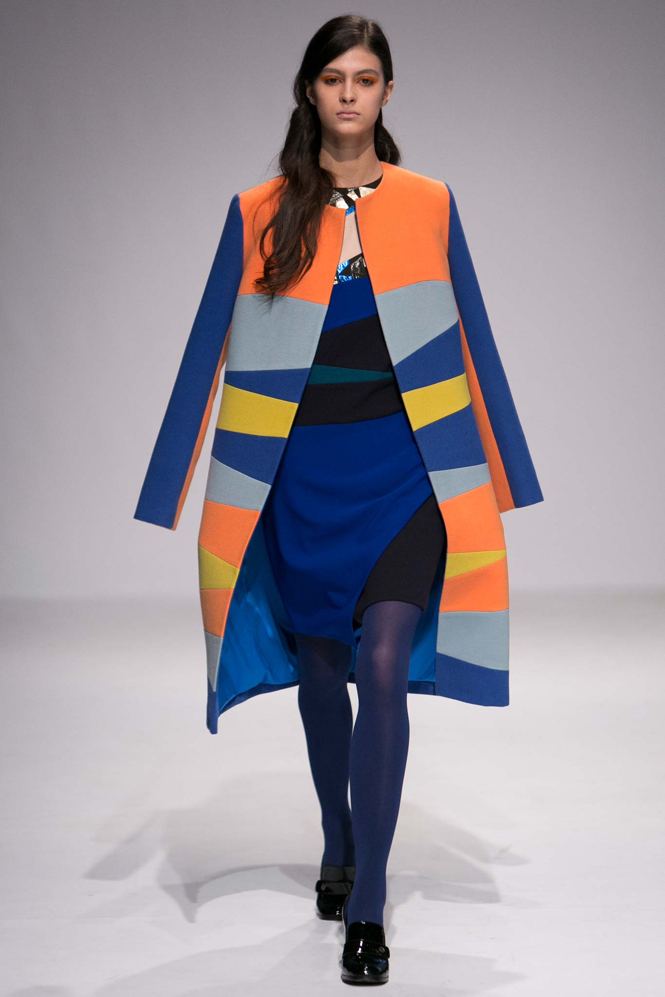 color-blocked coat and fitted dress
