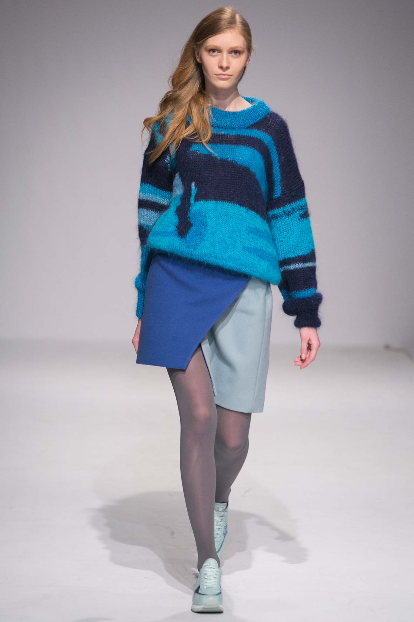blue wool long-sleeve collared oversized striped sweater