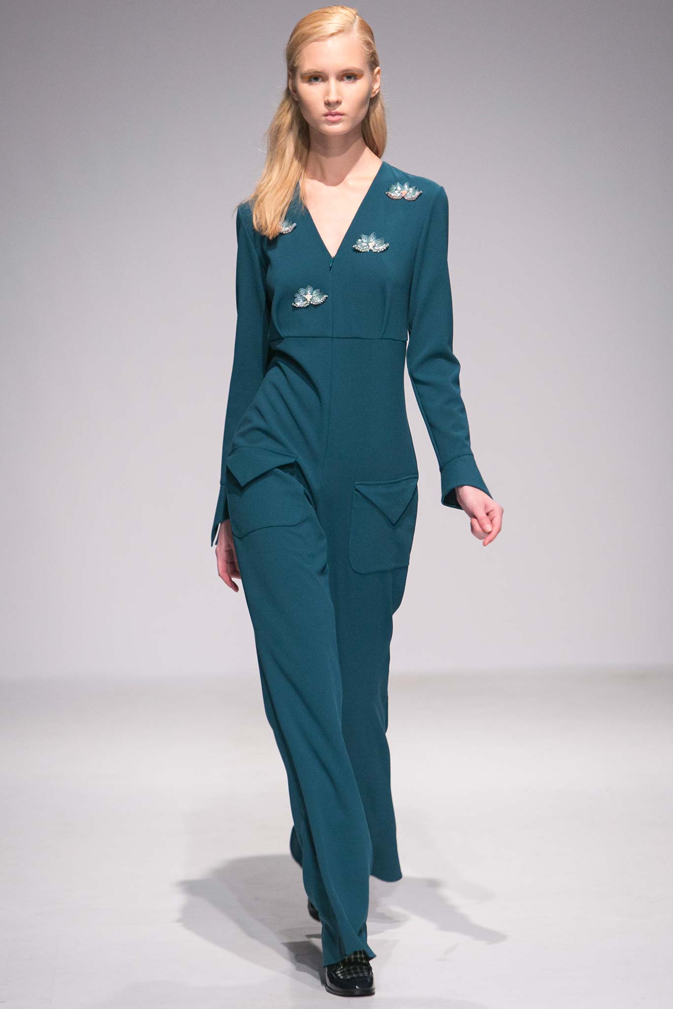 teal fitted long-sleeve jumpsuit