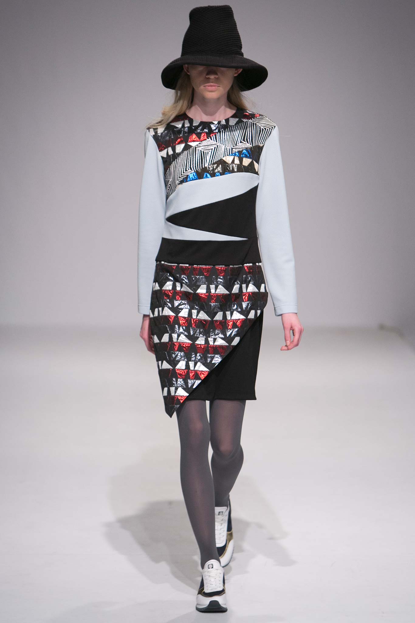 black cotton long-sleeve collared fitted printed mini dress