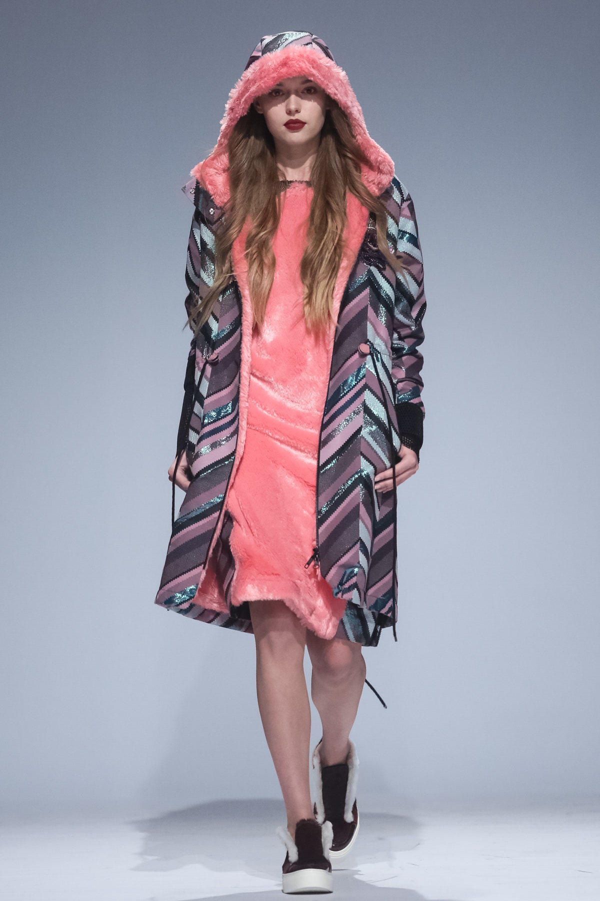 pink faux-fur coat and dress