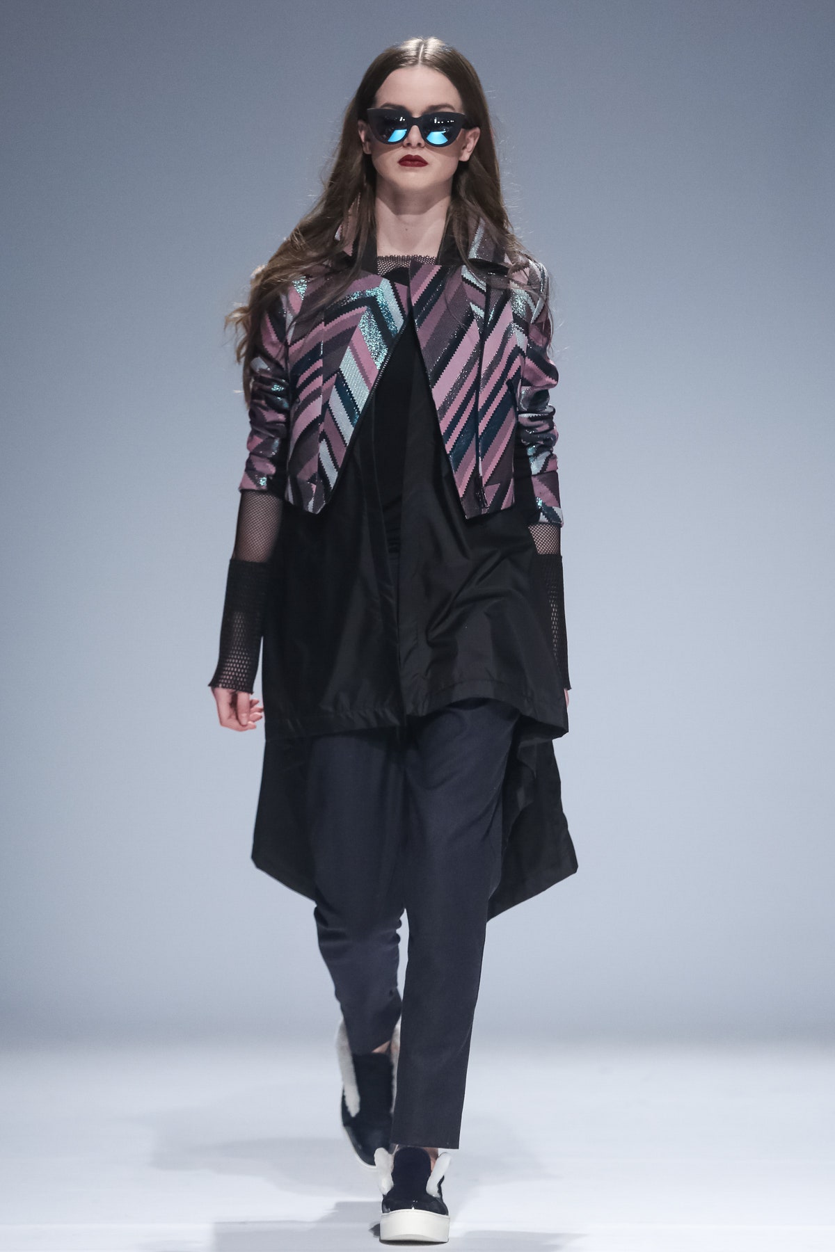 purple silk long-sleeve collared relaxed color-blocked jacket