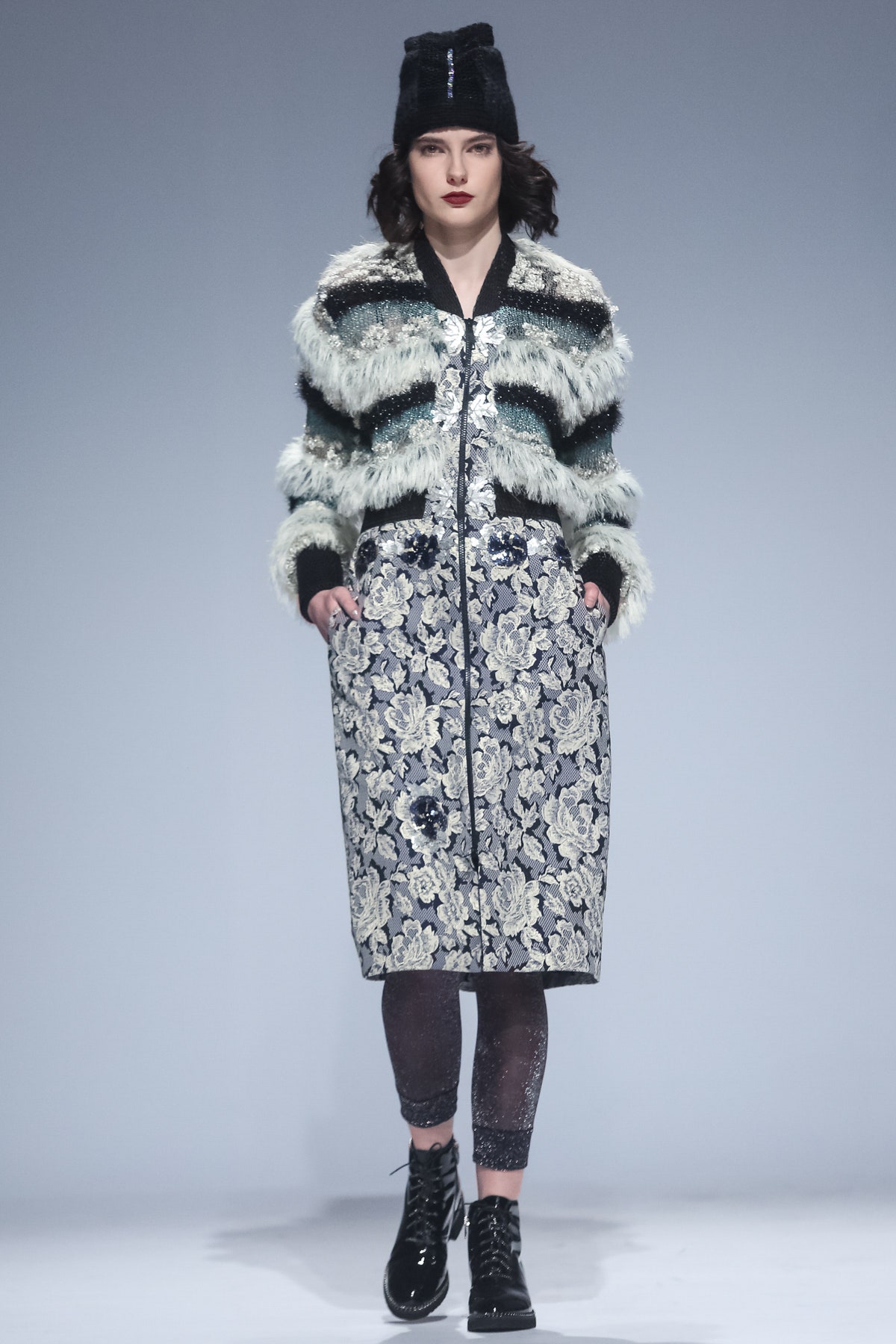 black and white faux-fur coat