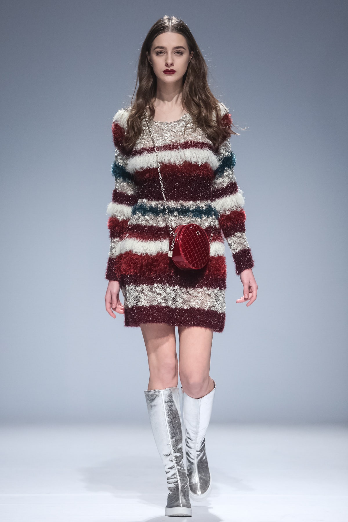 red wool long-sleeve collared fitted striped short dress