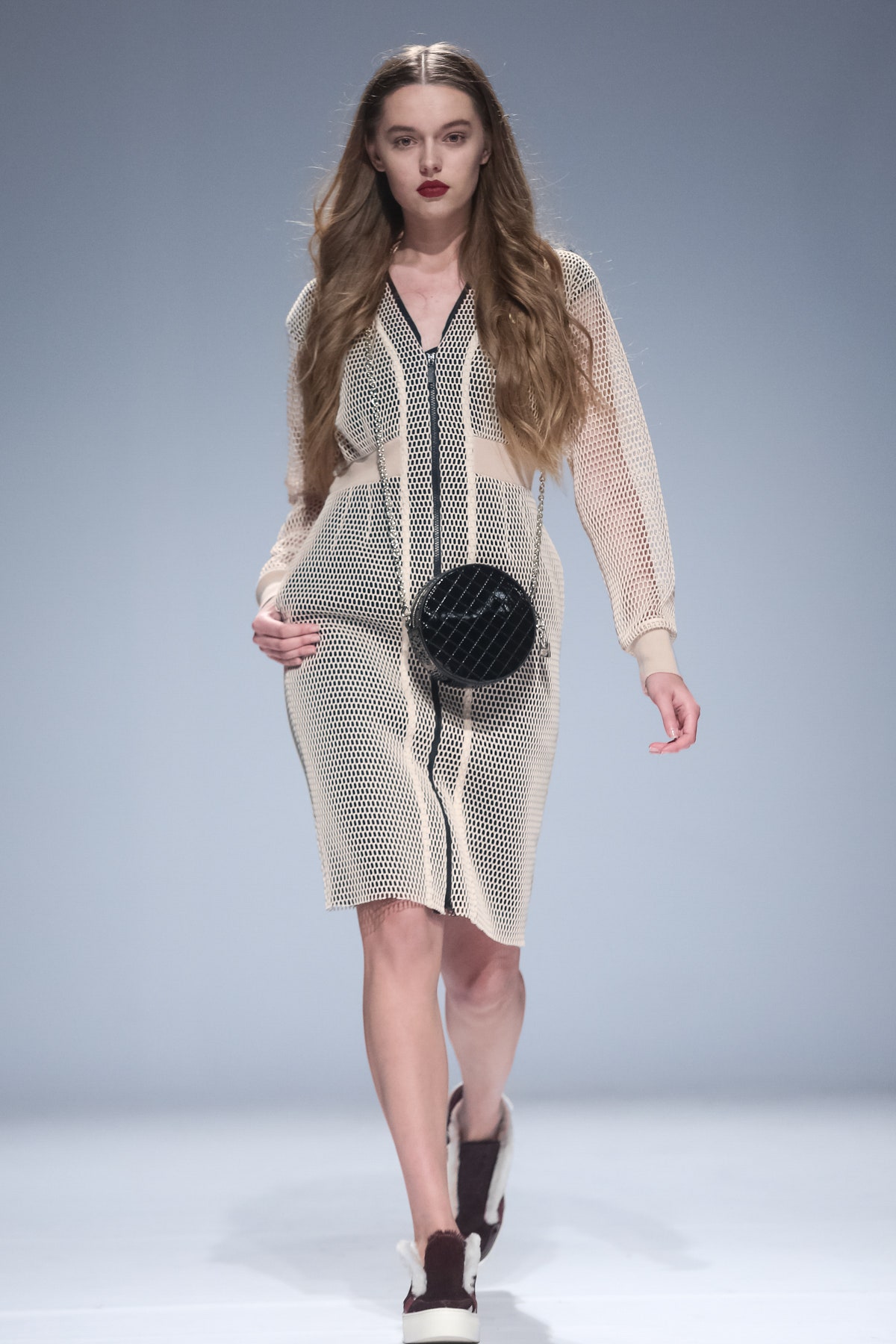 beige mesh long-sleeve dress