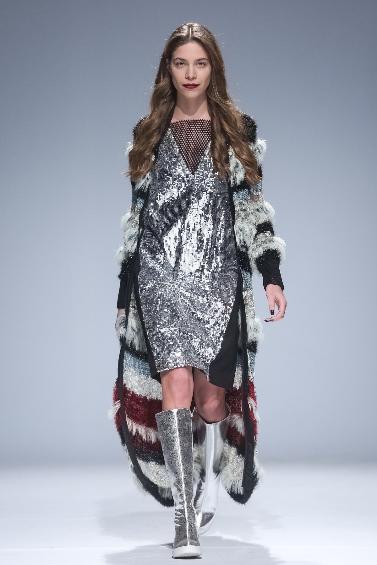 gray sequin sleeveless v-neck fitted layered shiny dress