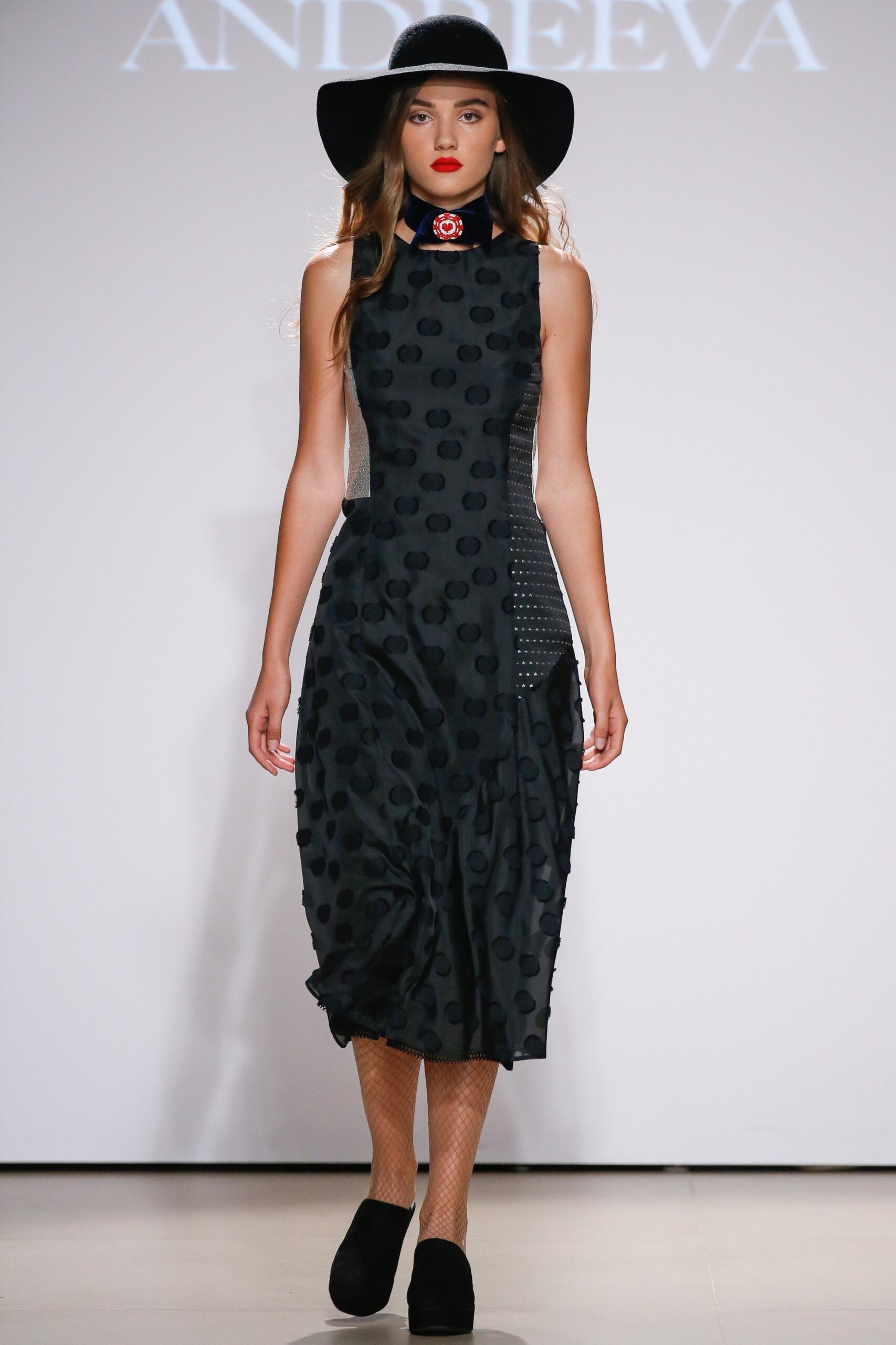 black cotton sleeveless high-neck fitted polka-dot draped dress