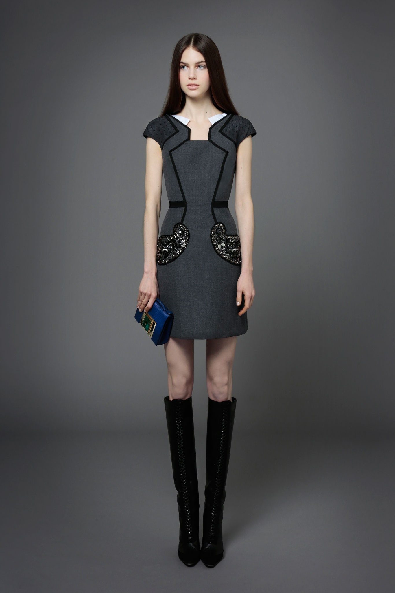 gray cotton short-sleeve collared fitted pencil beaded dress