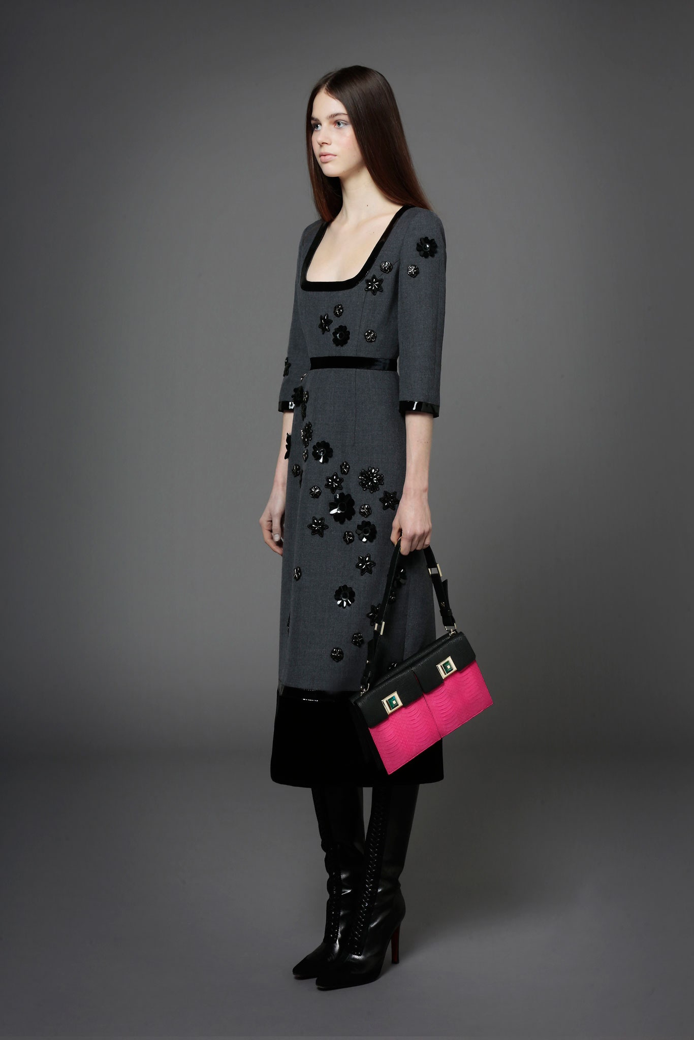 gray wool long-sleeve square-neck fitted embroidered midi dress