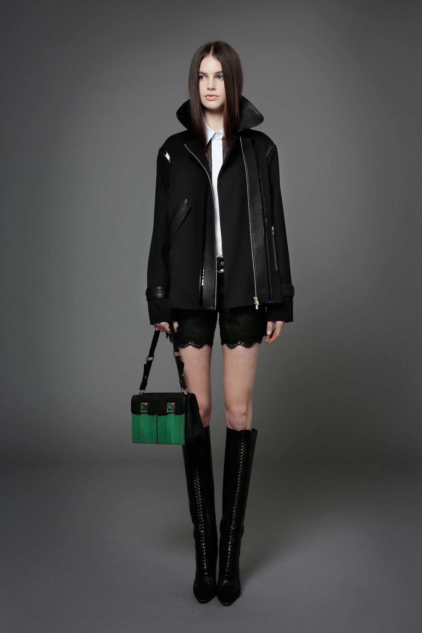 black leather fitted shiny boots