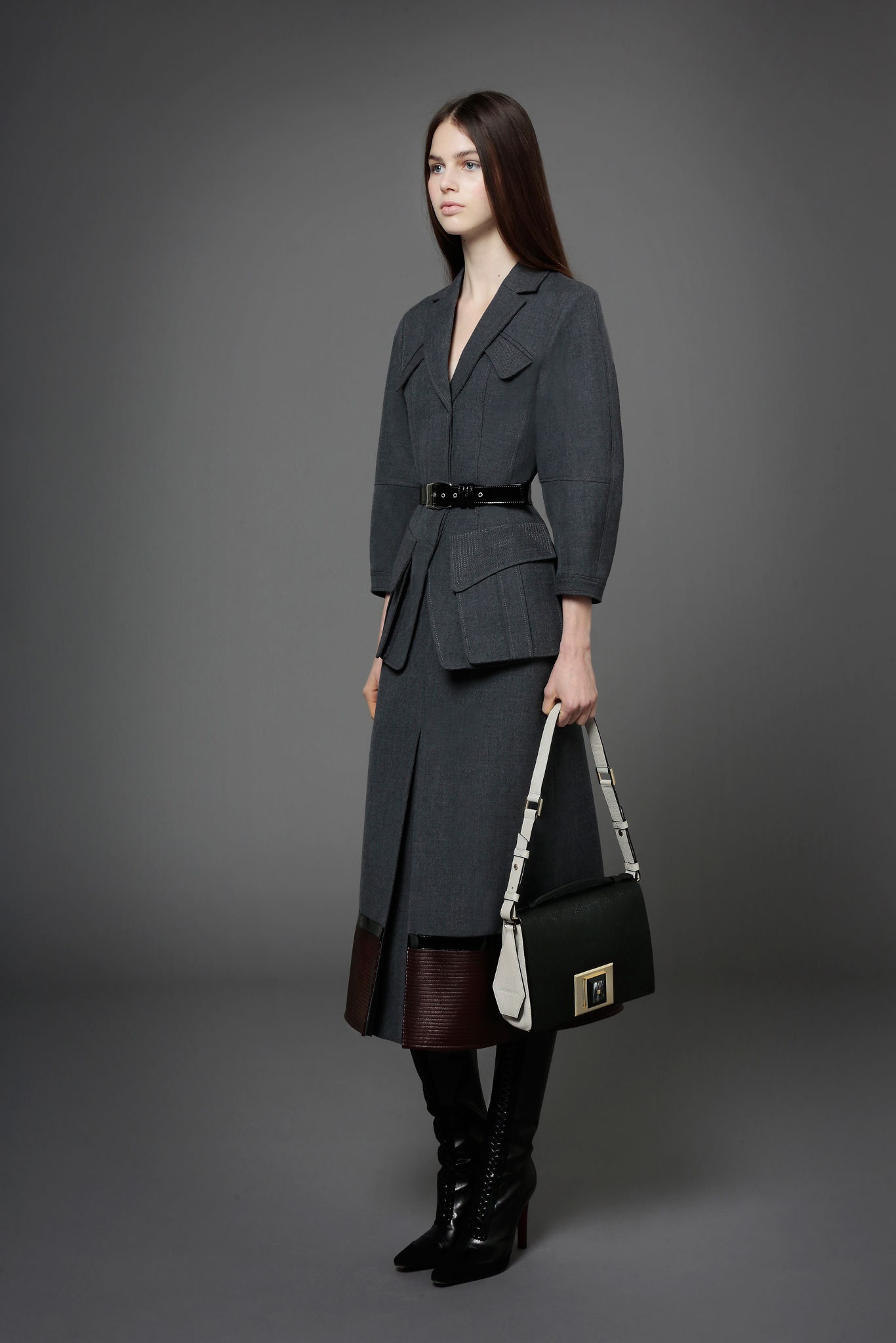 gray wool slit fitted pencil skirt