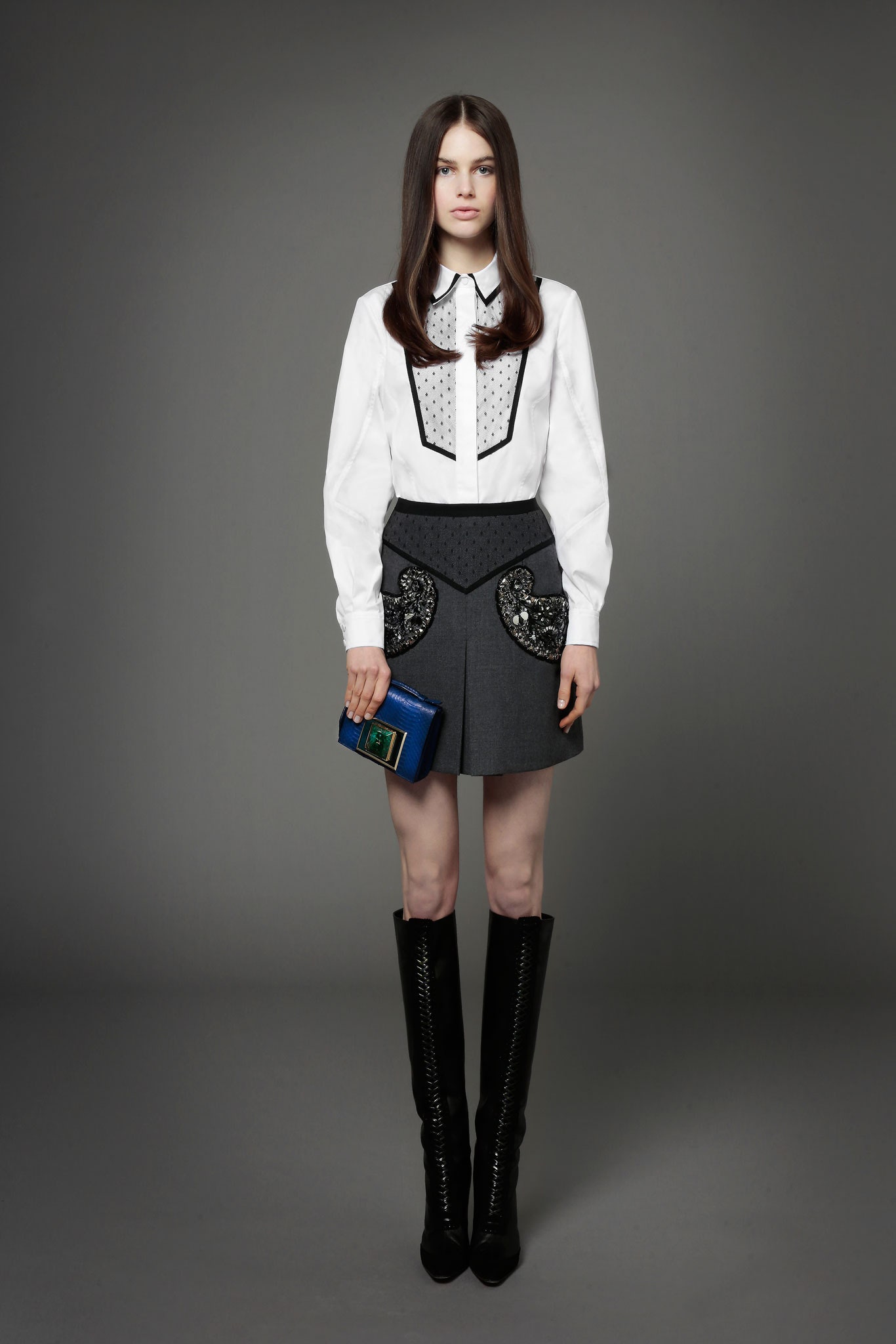 white fitted shirt gray skirt
