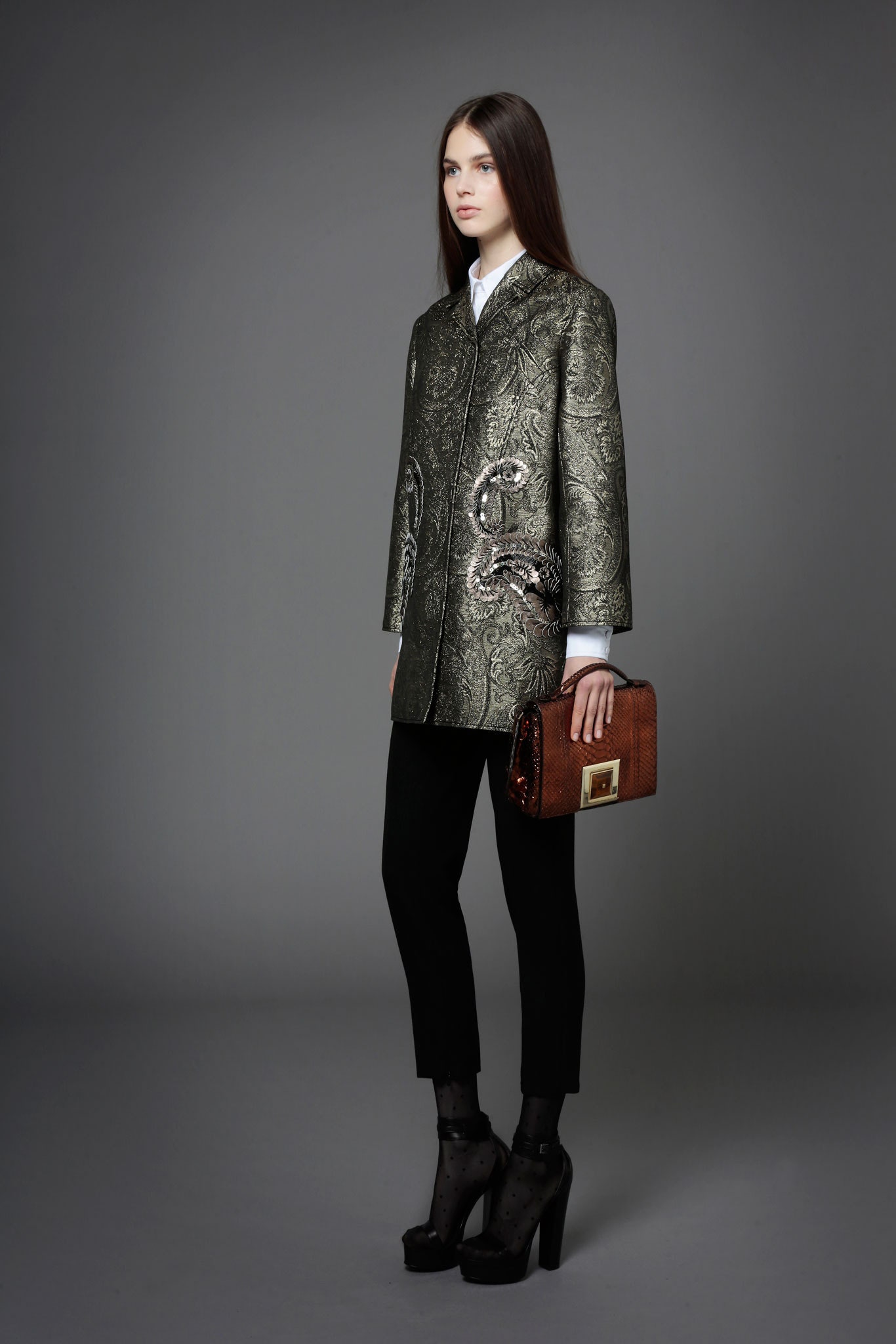 green silk long-sleeve collared relaxed embroidered coat