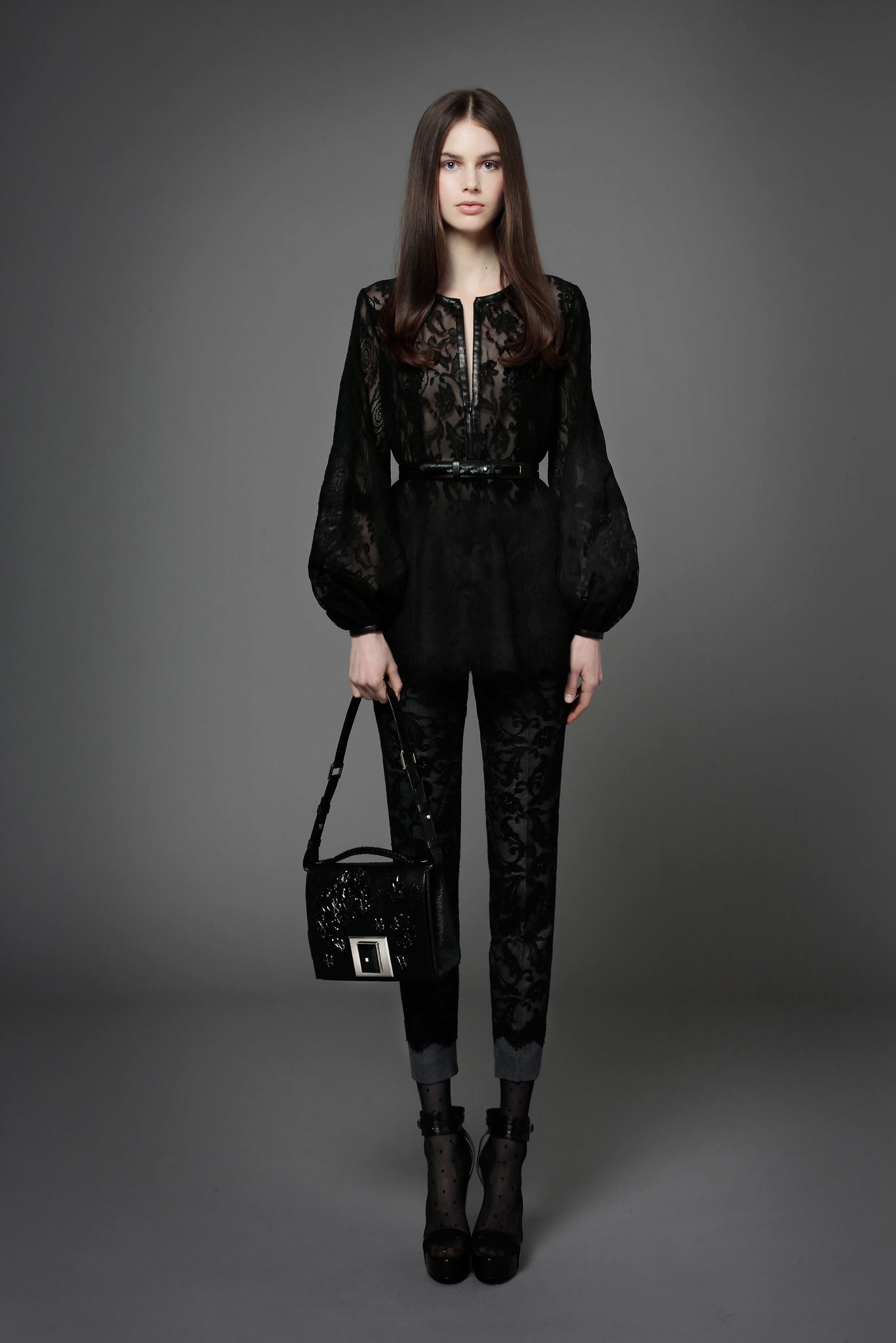 black lace long-sleeve collared fitted embroidered sheer blouse