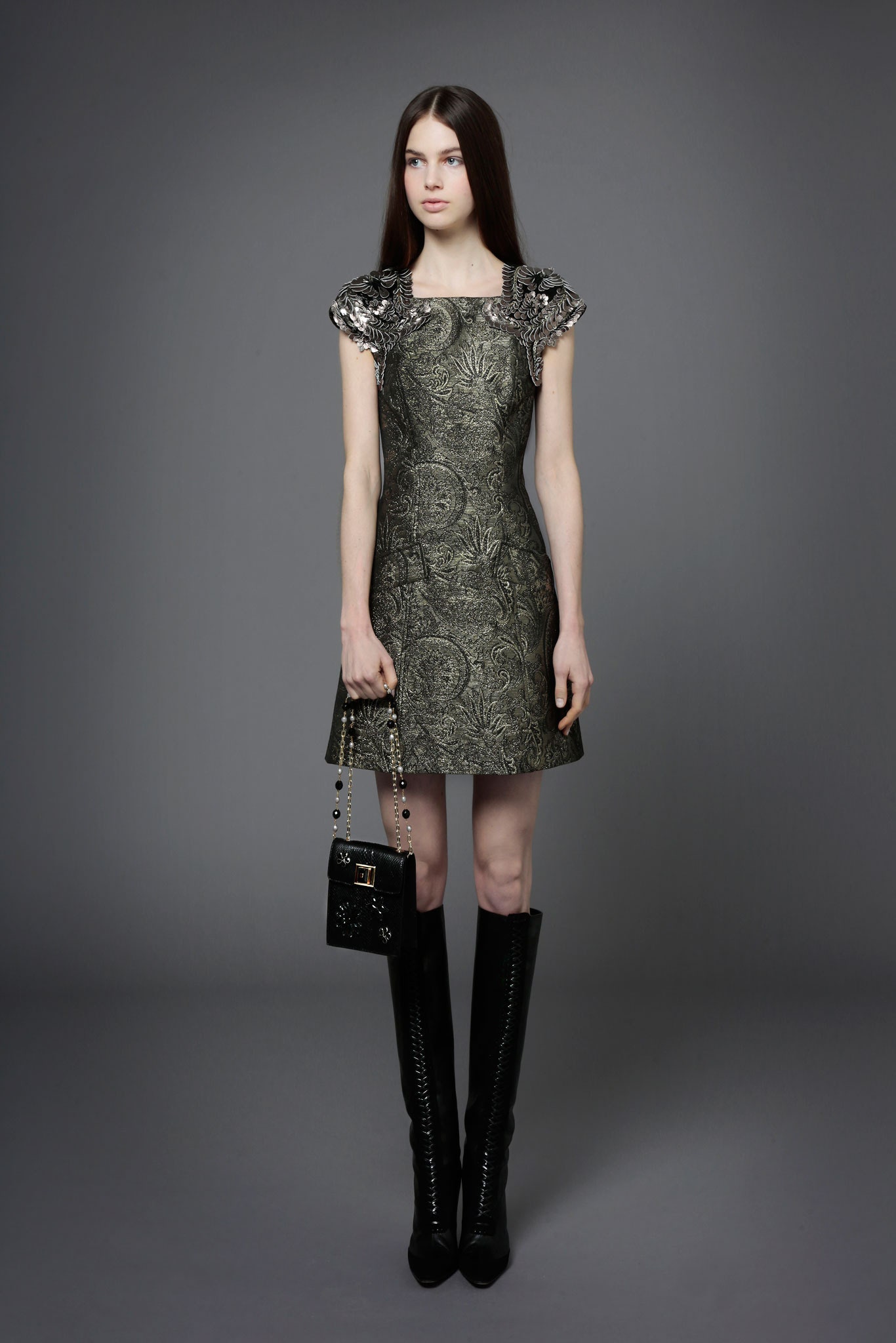 gray silk short-sleeve scoop-neck fitted embroidered a-line dress