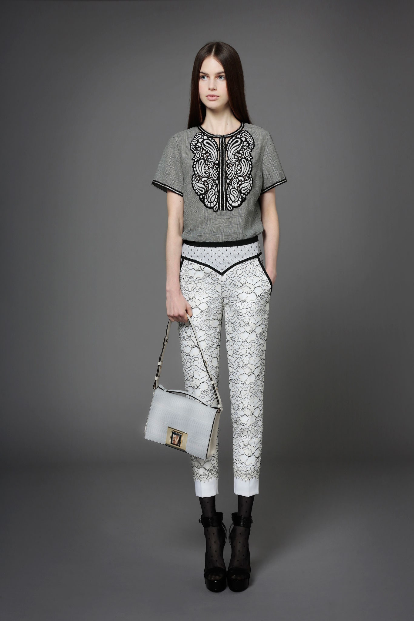 white lace fitted straight-leg pants