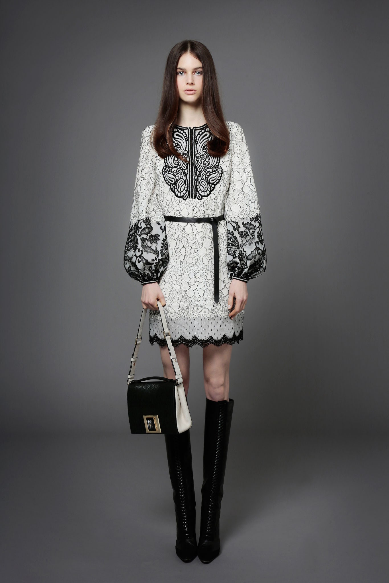white lace long-sleeve collared fitted embroidered belted dress