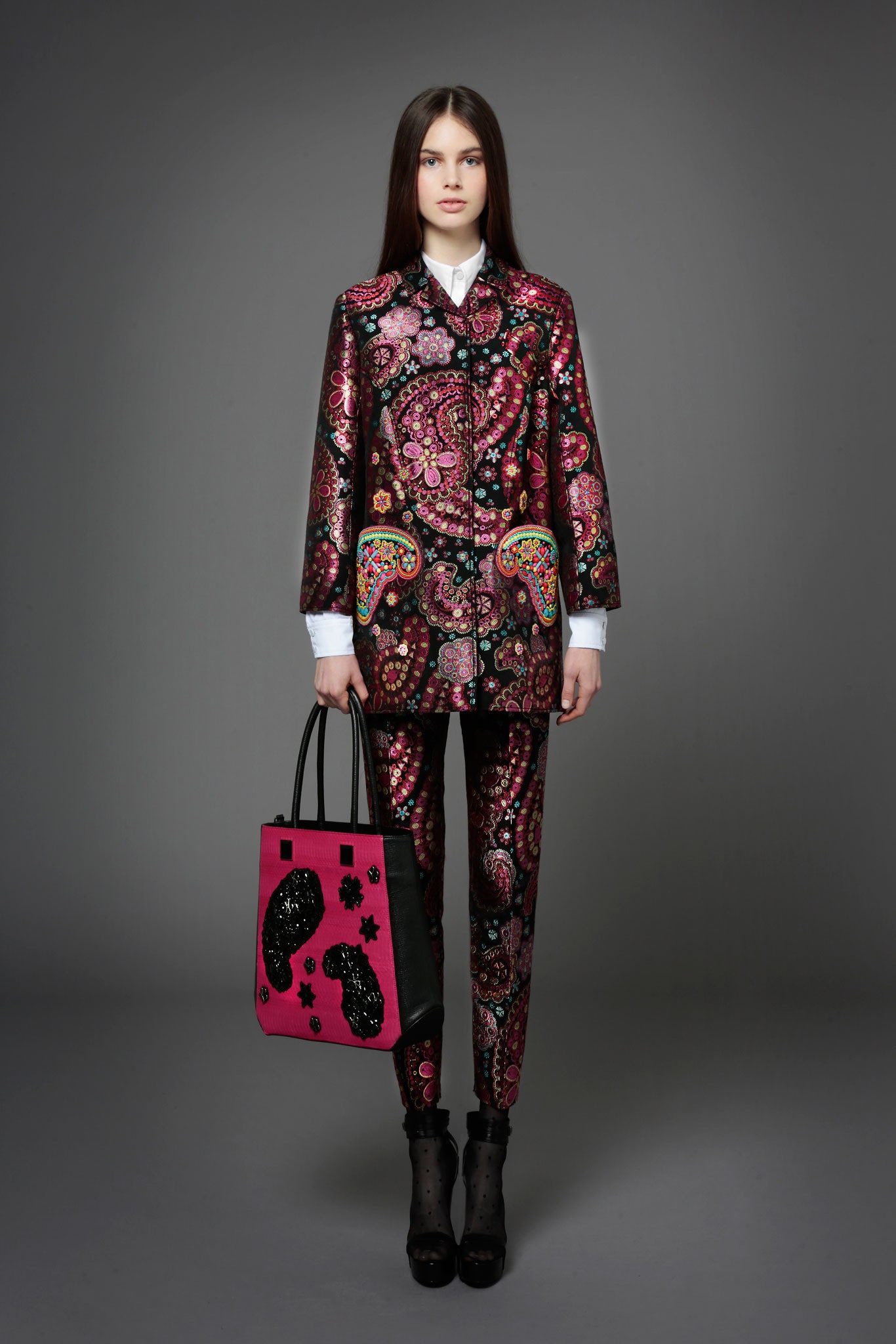 pink silk long-sleeve collared tailored printed blazer
