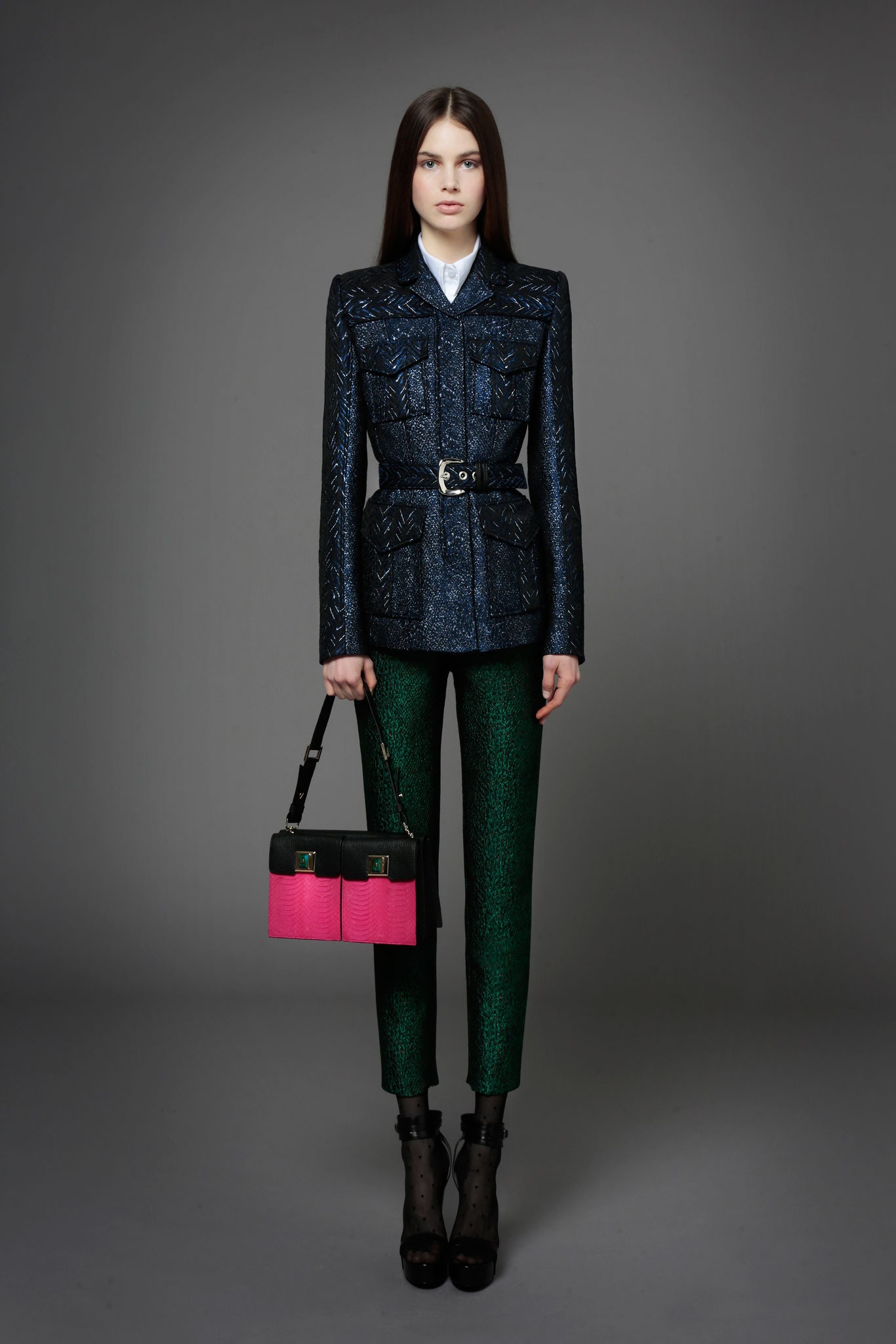 blue embroidered tailored blazer with green pants