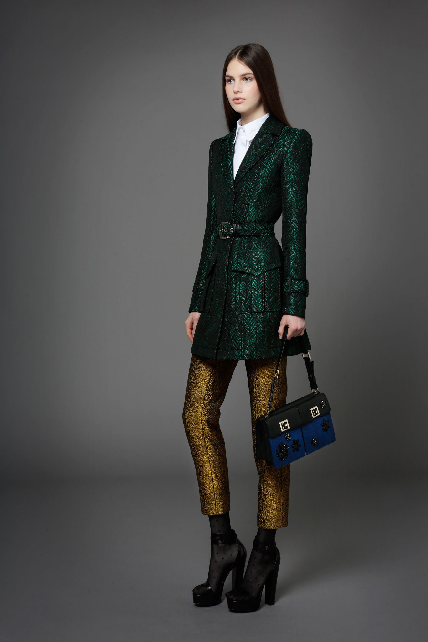 green silk long-sleeve collared tailored belted printed blazer