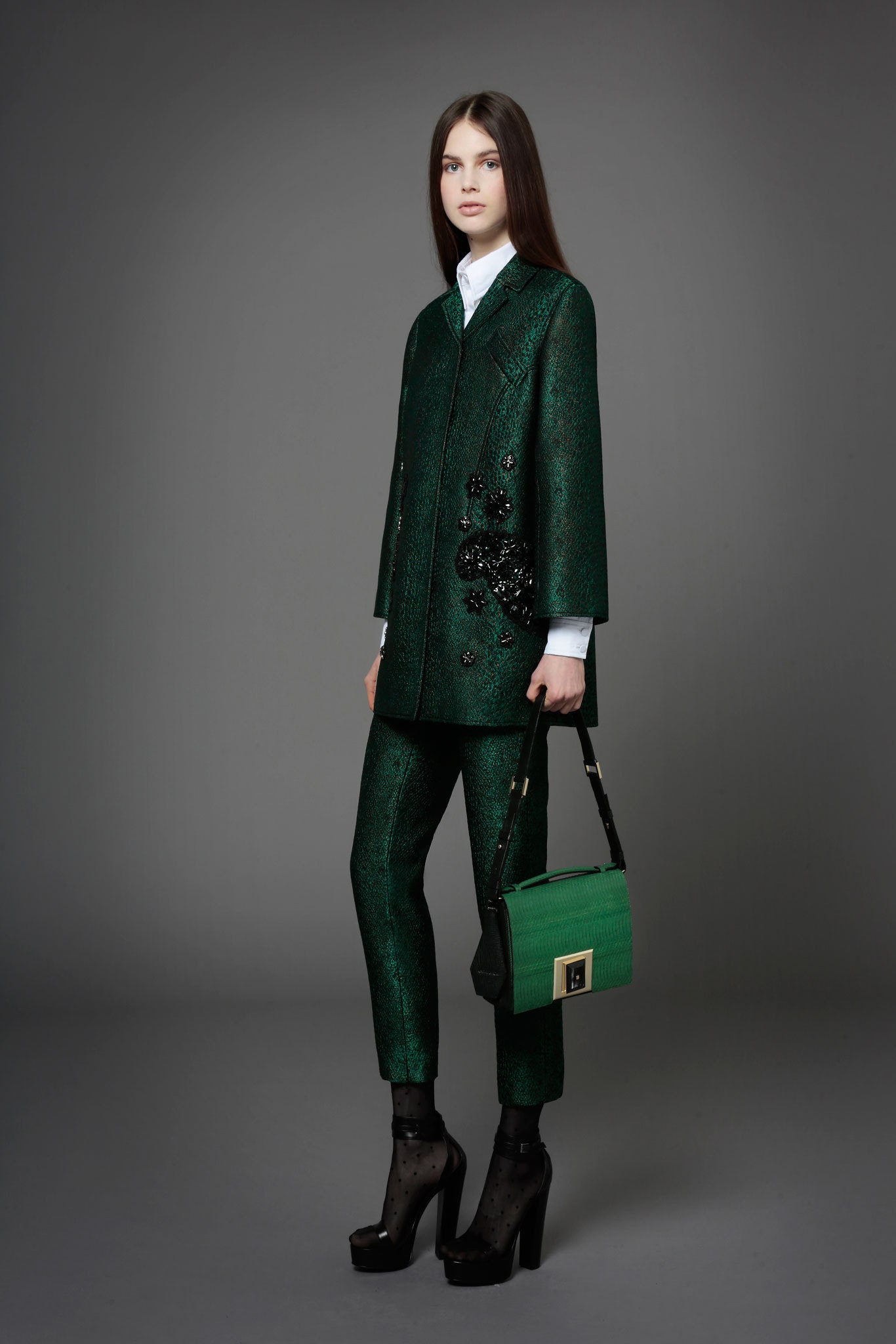 green silk long-sleeve collared tailored embroidered suit