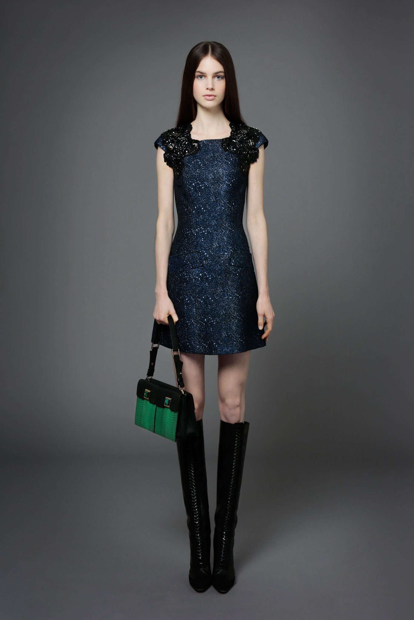 blue silk sleeveless square-neck fitted sequined a-line dress
