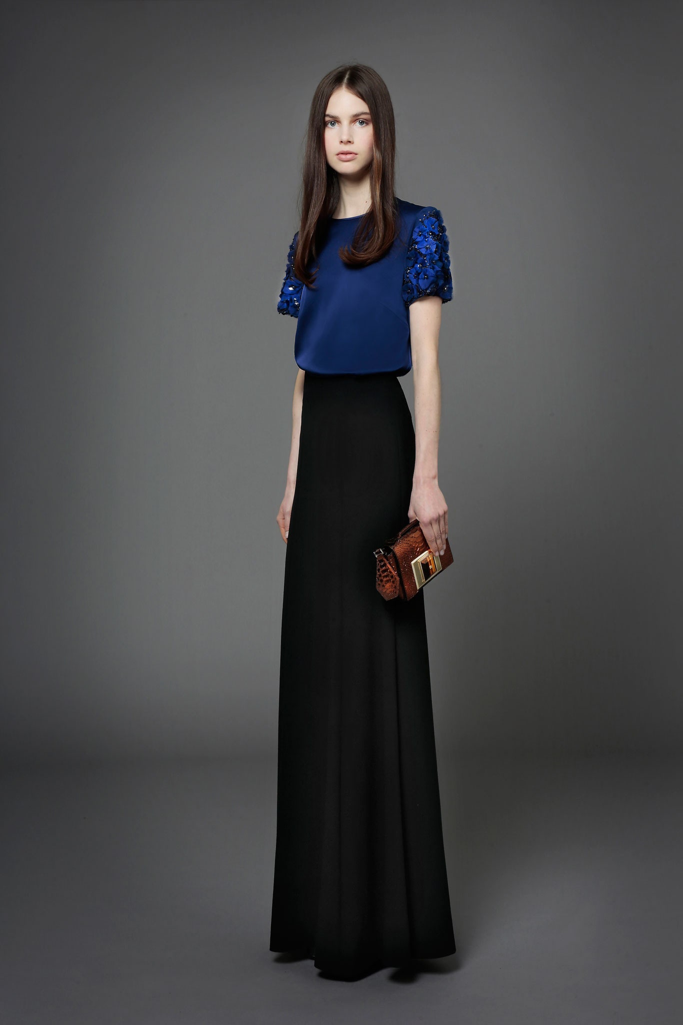 blue silk short-sleeve scoop-neck fitted embellished top