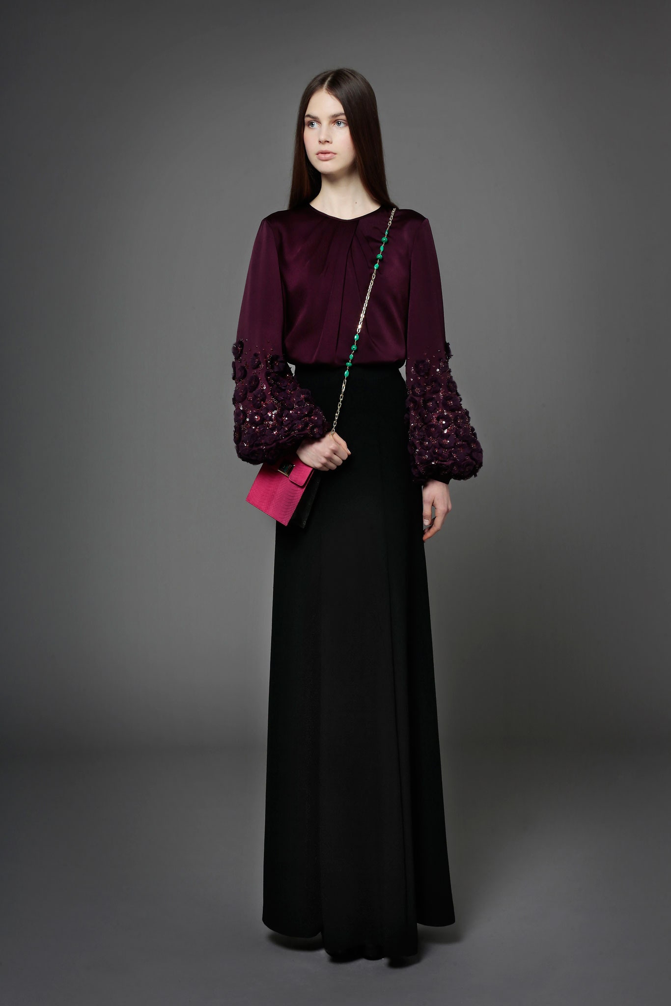 purple silk long-sleeve collared fitted beaded blouse