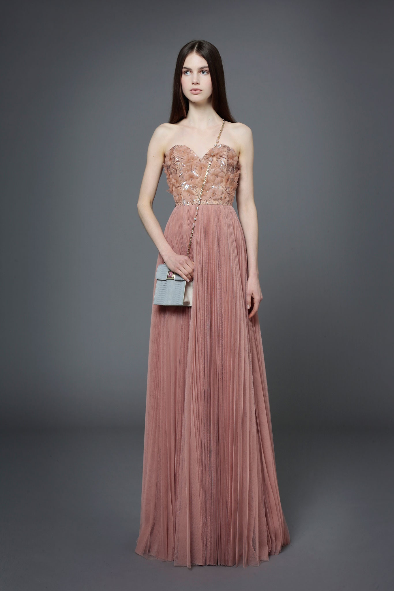 pink silk off-shoulder gown