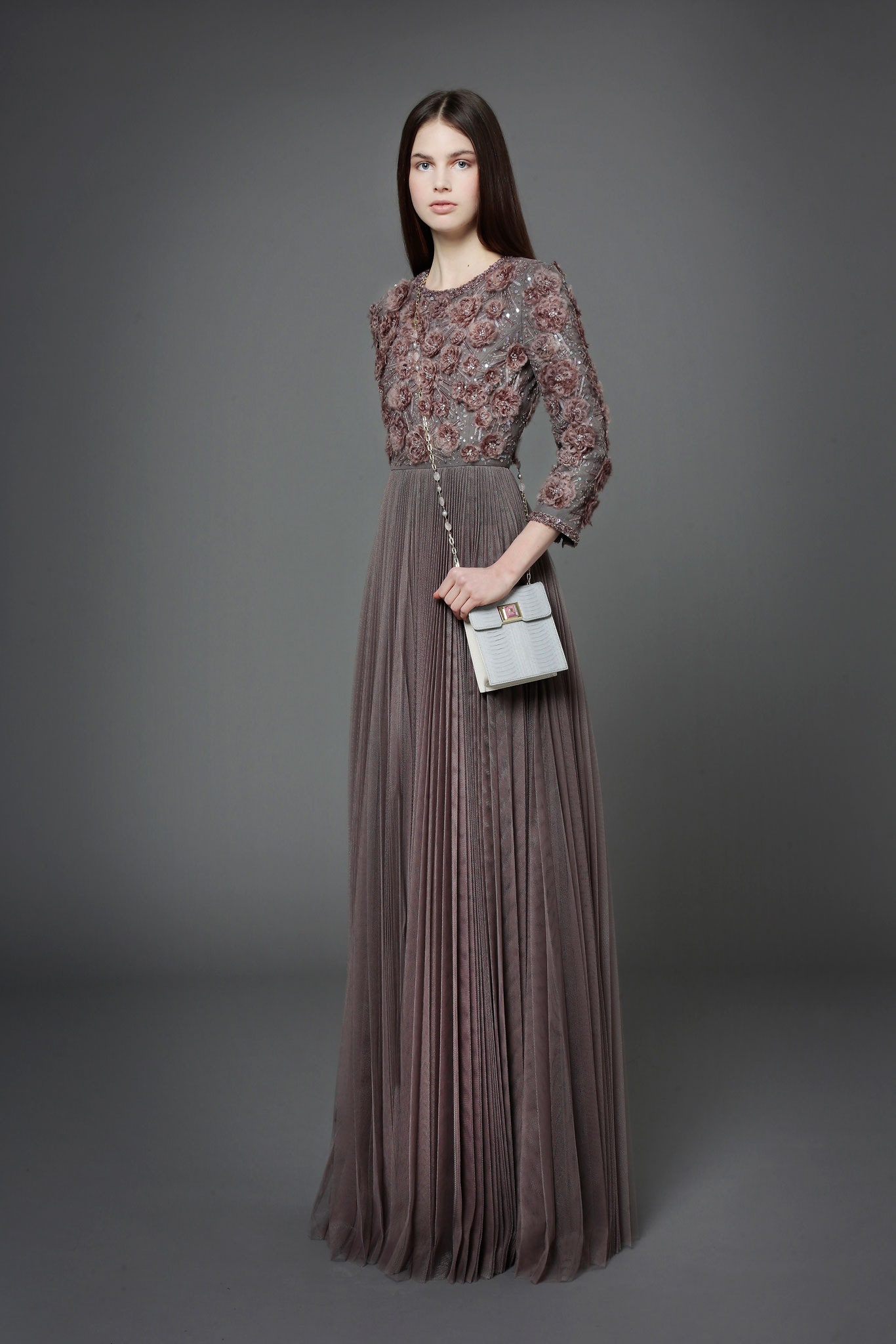 gray silk embroidered gown