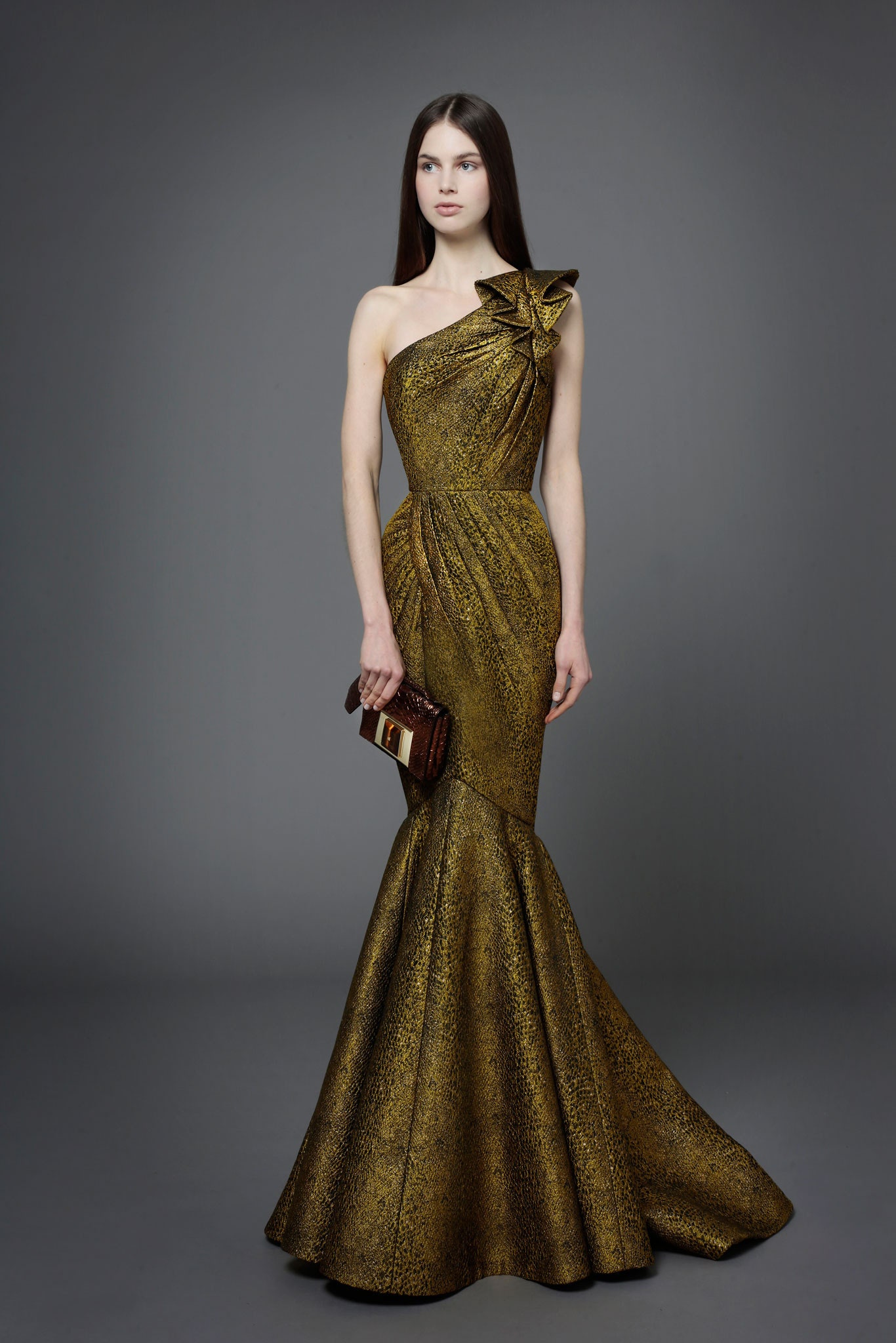 gold ruched off-shoulder gown