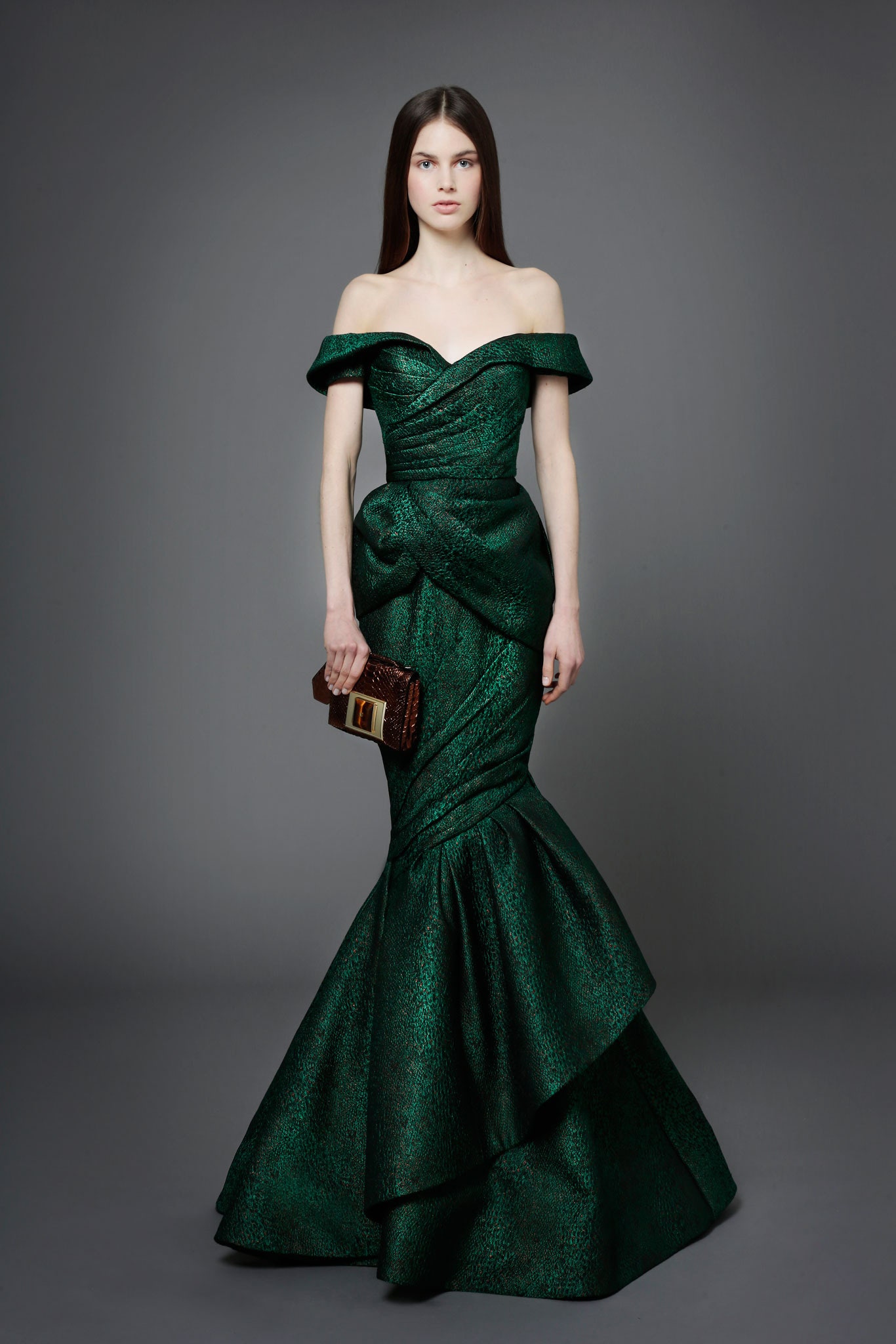 fitted off-shoulder green gown