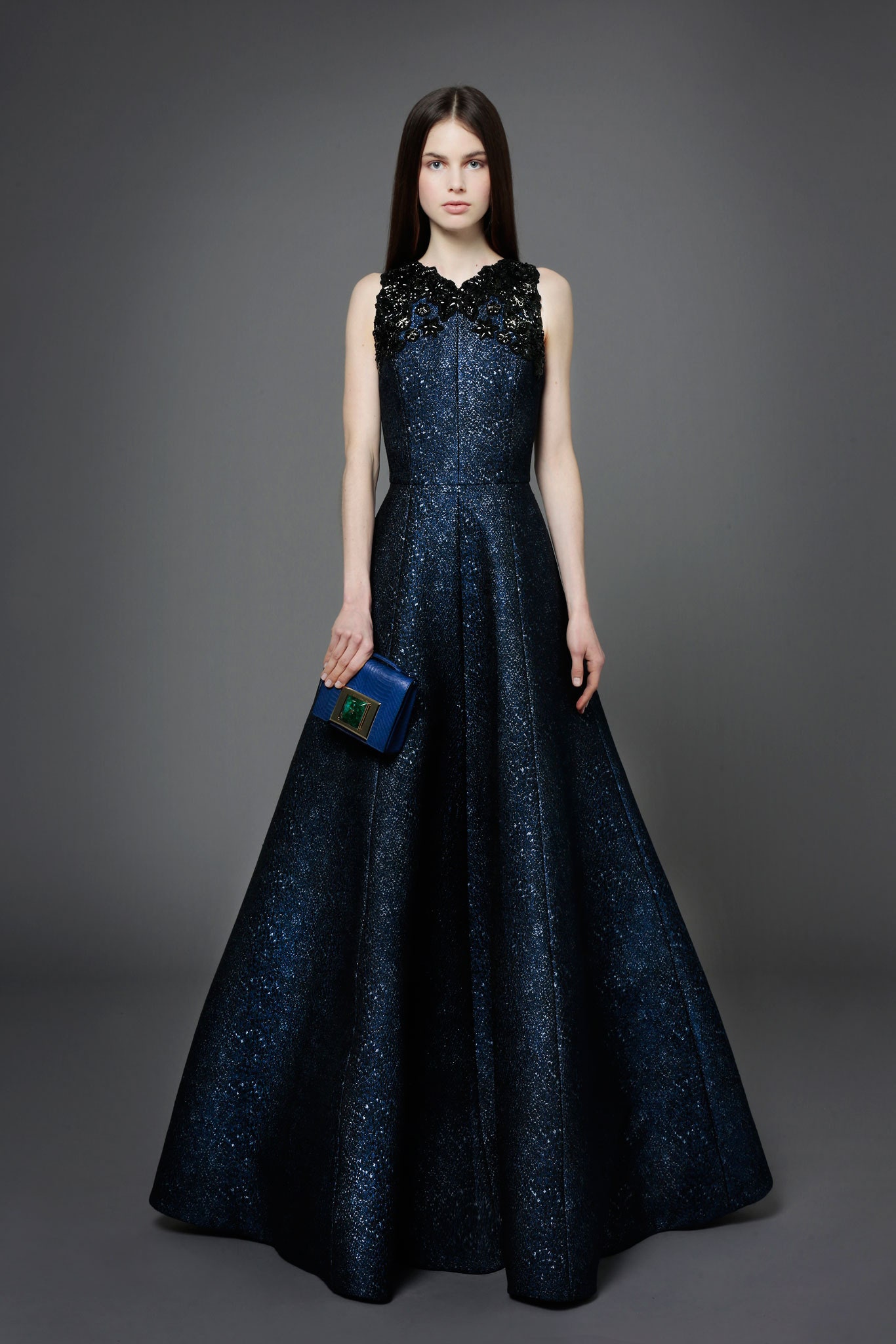 blue silk sleeveless gown