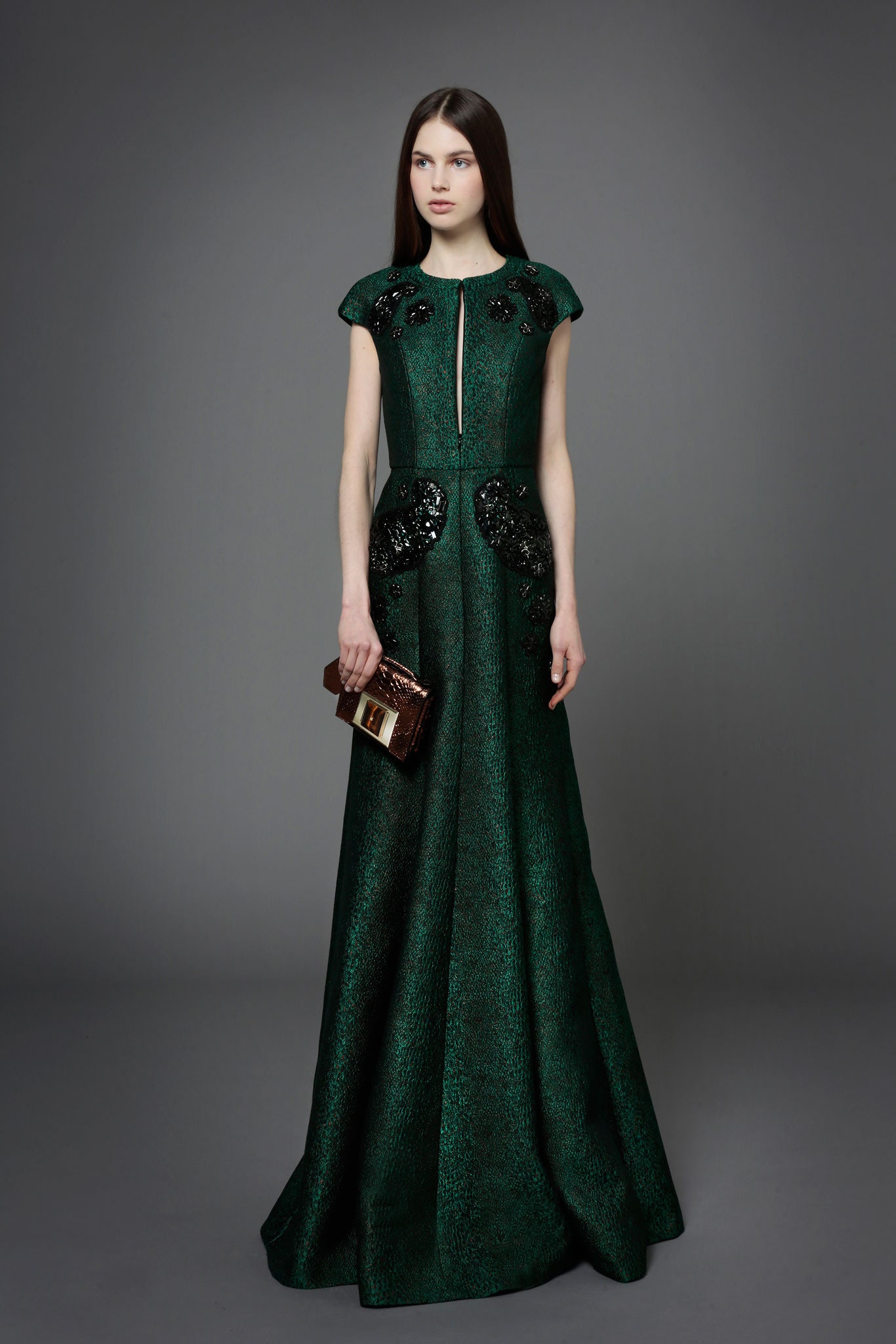 green silk short-sleeve high-neck fitted embellished a-line gown