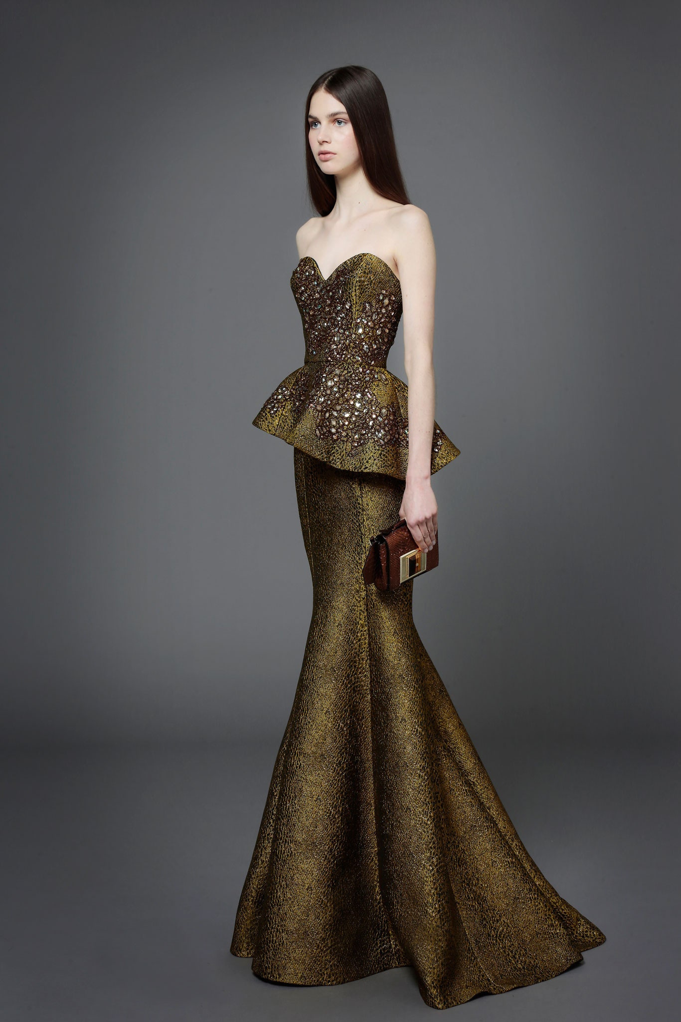 gold strapless peplum gown