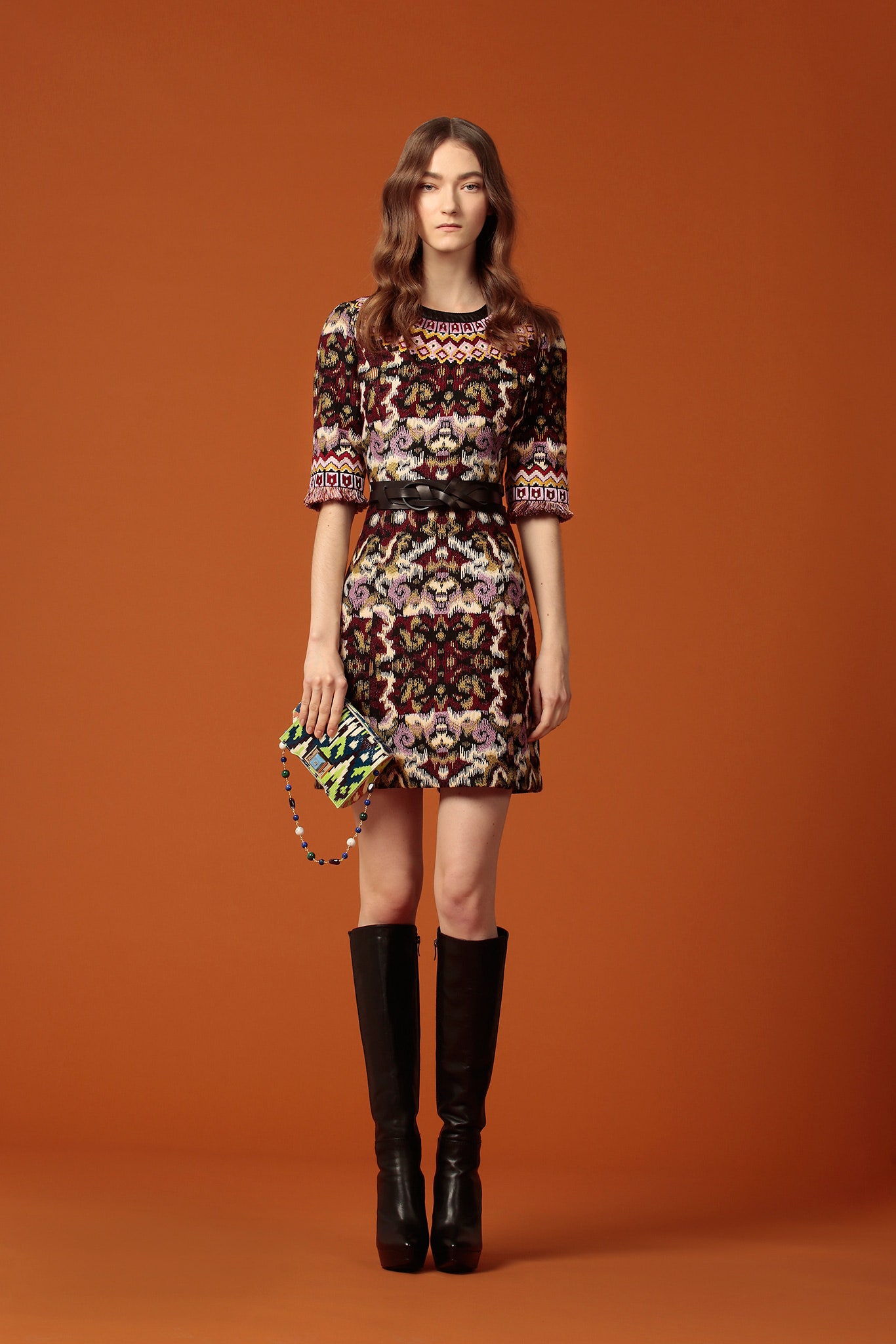 multi silk short-sleeve collared fitted embroidered flared dress