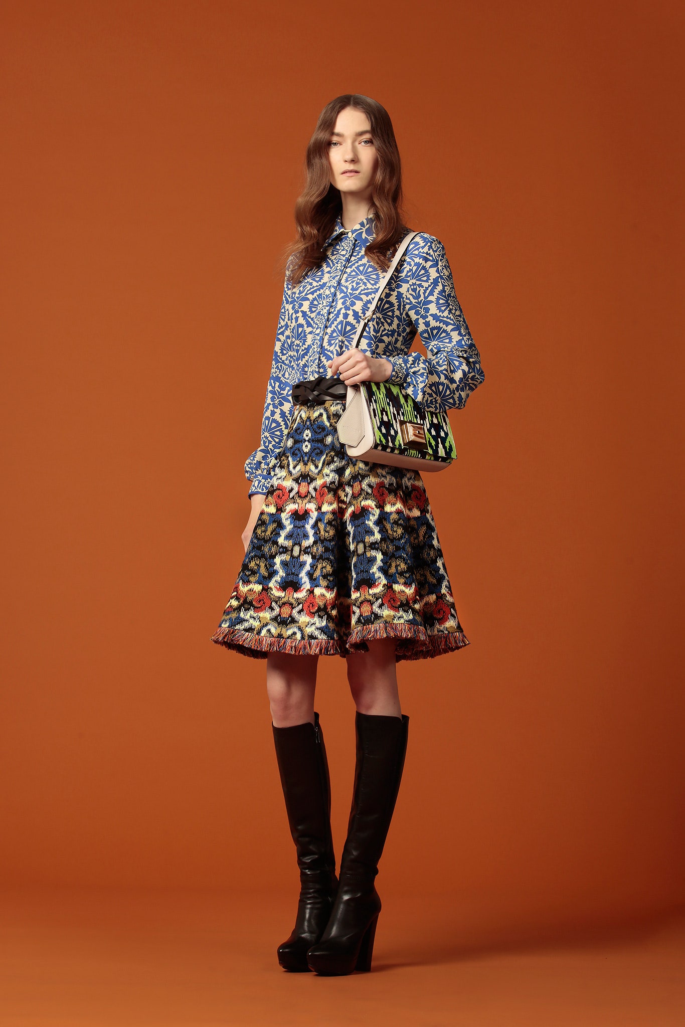 multi silk fitted flared midi skirt