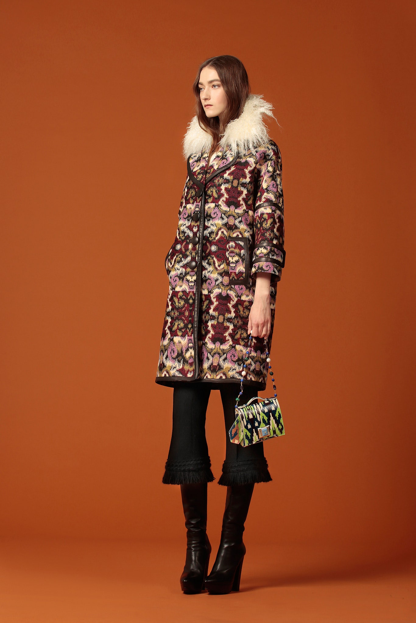 embroidered brown wool coat