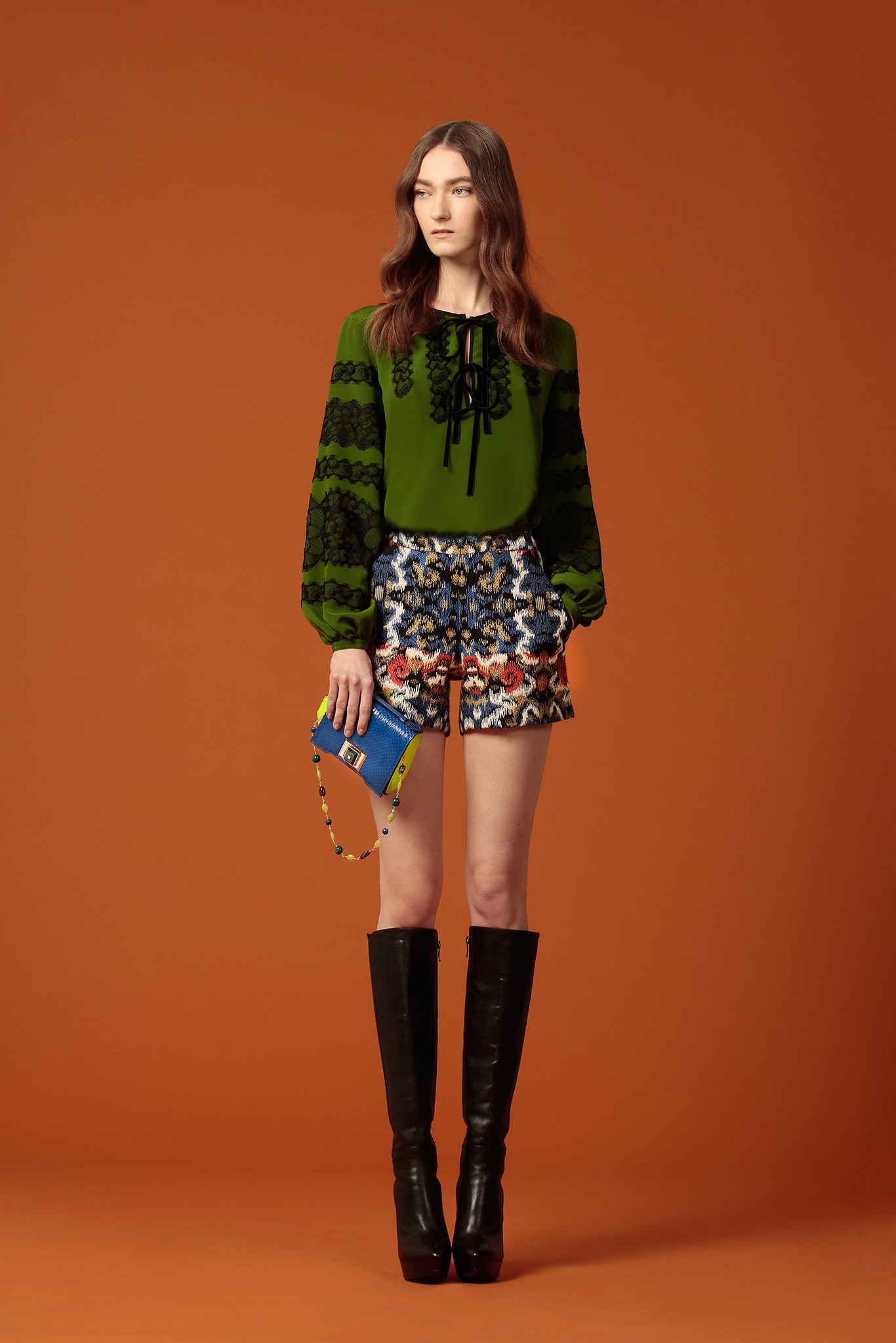 green silk long-sleeve v-neck fitted ruffled blouse