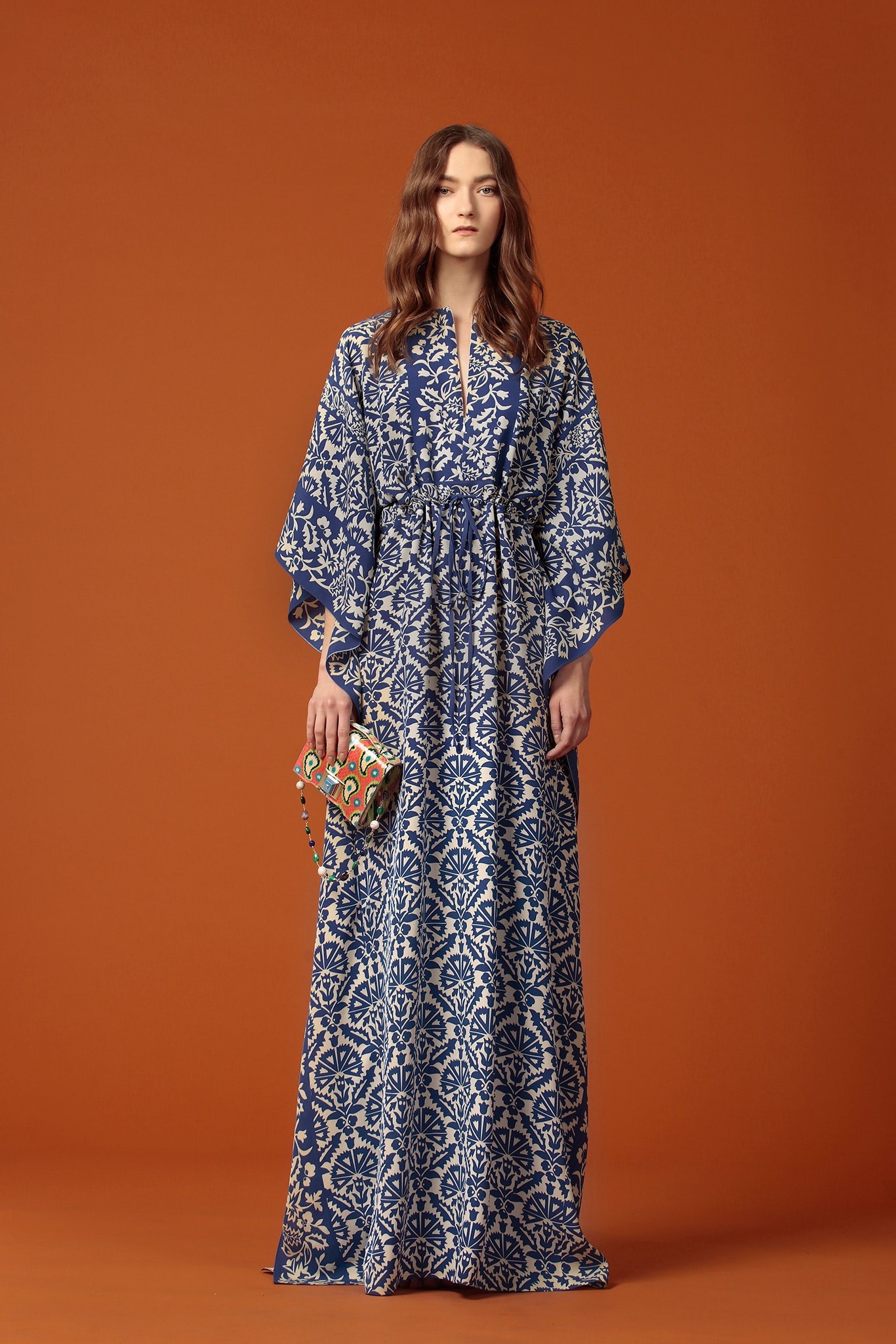 blue and white printed gown