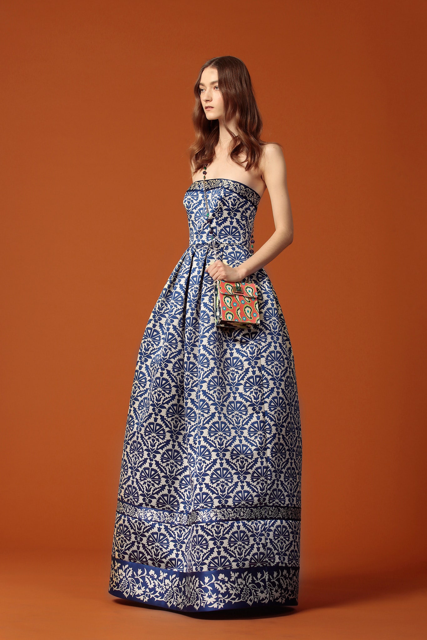 blue silk strapless fitted flared maxi gown